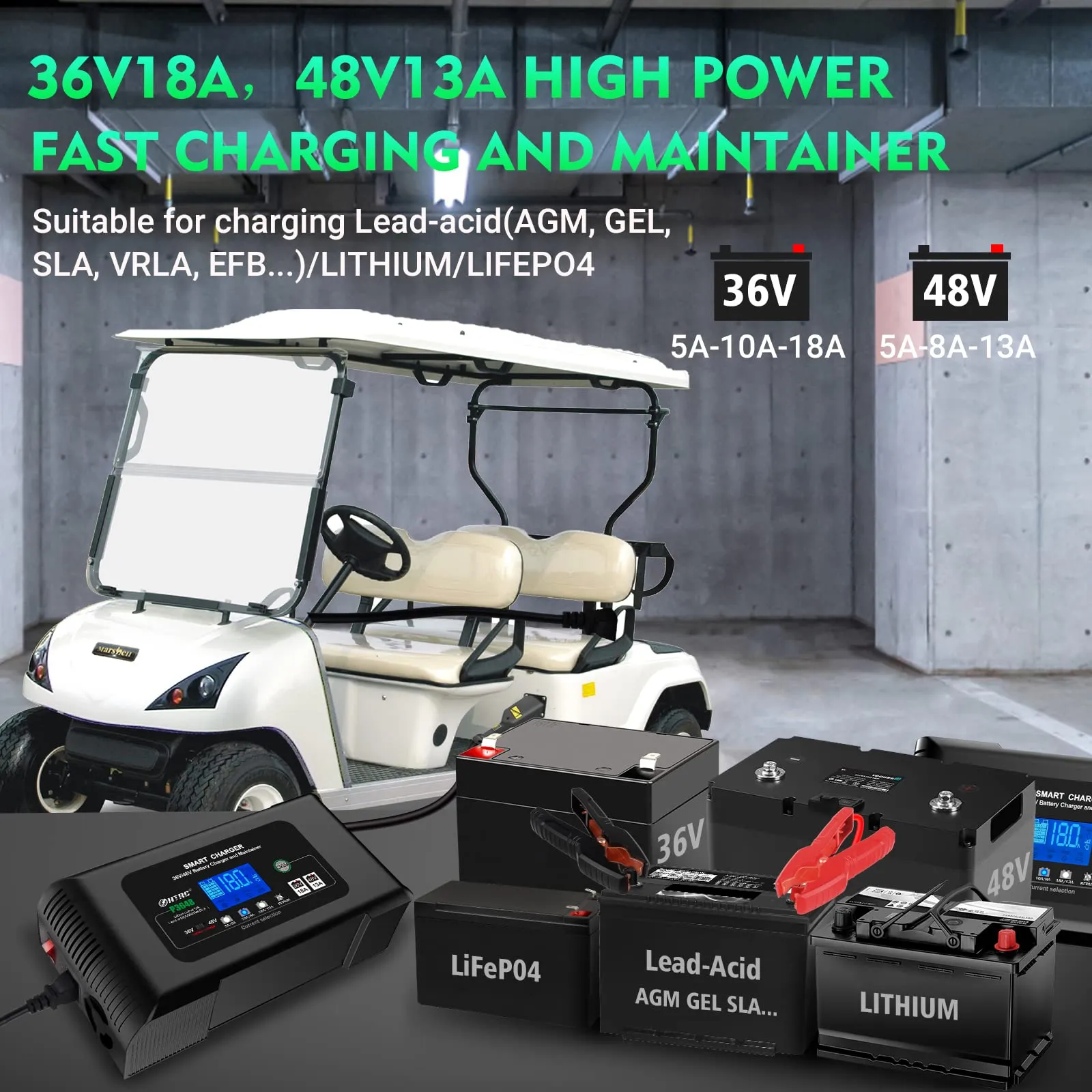 36 Volt Golf cart Charger 18-Amp Smart Charger, Car Battery Charger,Trickle Charger,36V,18-Amp and 48V,13-Amp,Lithium,LiFePO4,Lead-Acid AGM/Gel/SLA.Battery Charger, for EZGO TXT,Car, Boat.