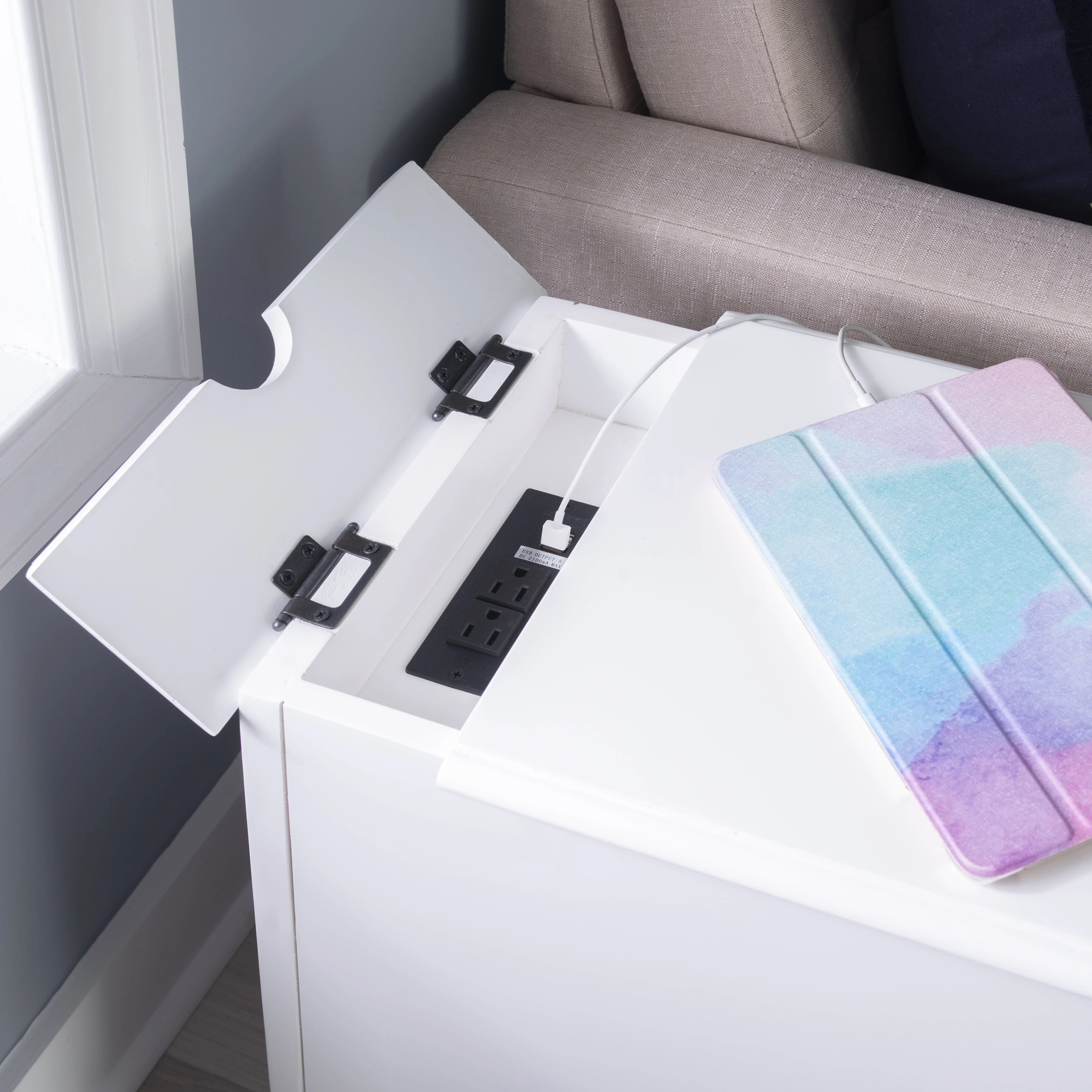 Linon Bartow Wood Multi Function Storage Accent Table Charging Station in White