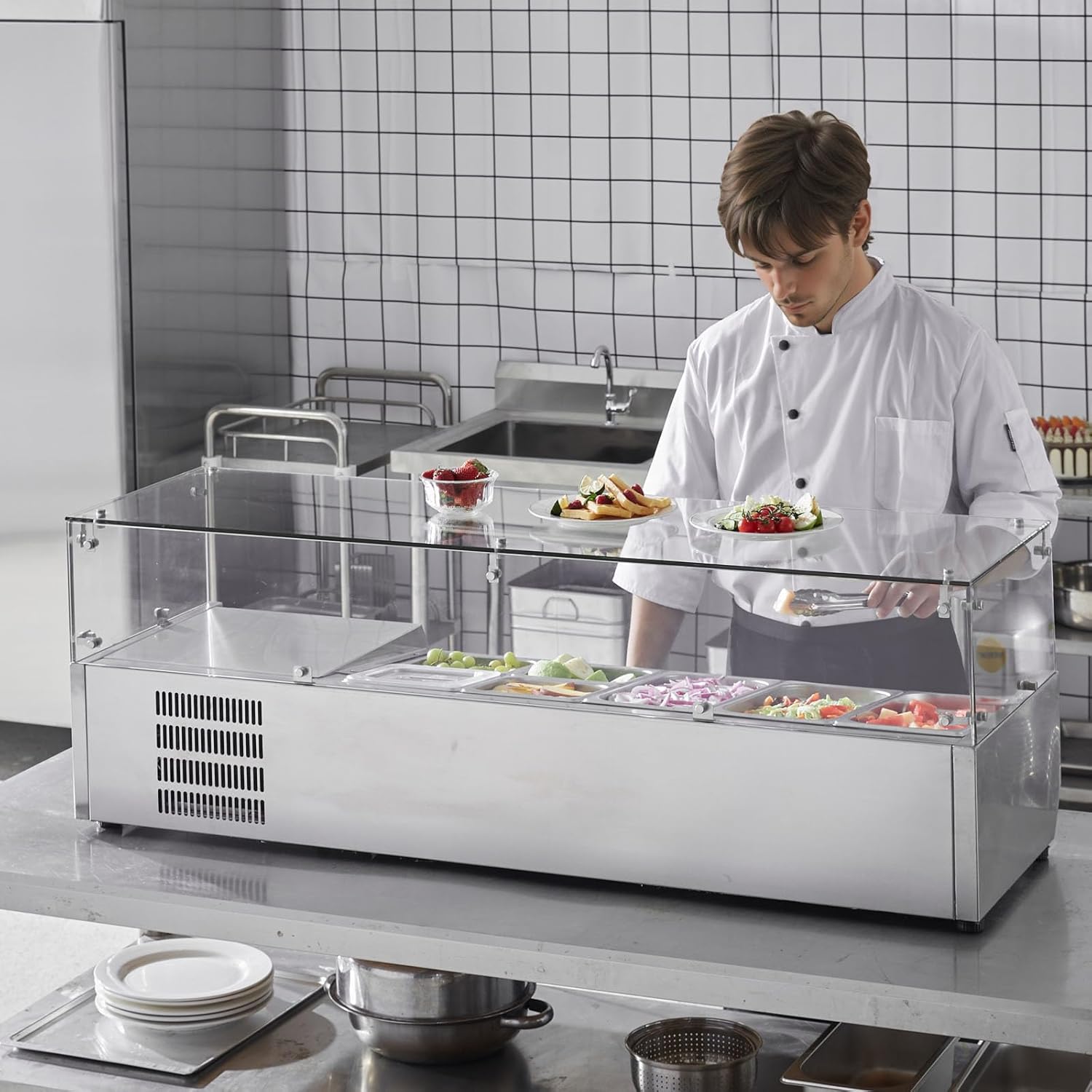 Refrigerated Condiment Prep Station, 135 W Countertop Refrigerated Condiment Station, with 2 1/3 Pans & 4 1/6 Pans, 304 Stainless Body and PC Lid, Sandwich Prep Table with Stainless Guard, ETL