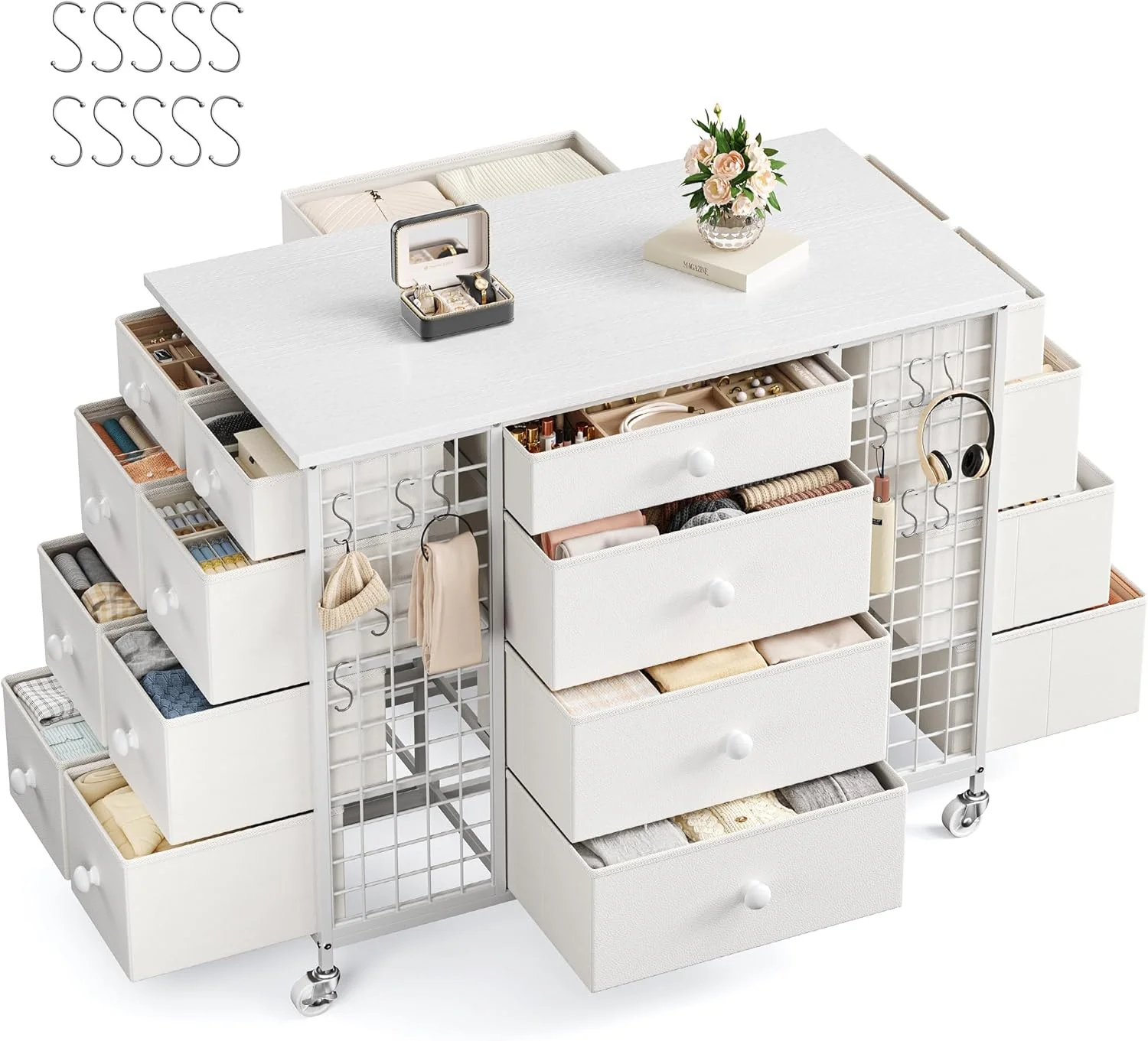 24 Drawers White Dresser for Bedroom, Dressers & Chests of Drawers with 4 Wheels and 40�� * 23�� Wide Wooden Top, Metal Frame, Closet Island with Hooks for Bedroom, Cloakroom, Dressing Room