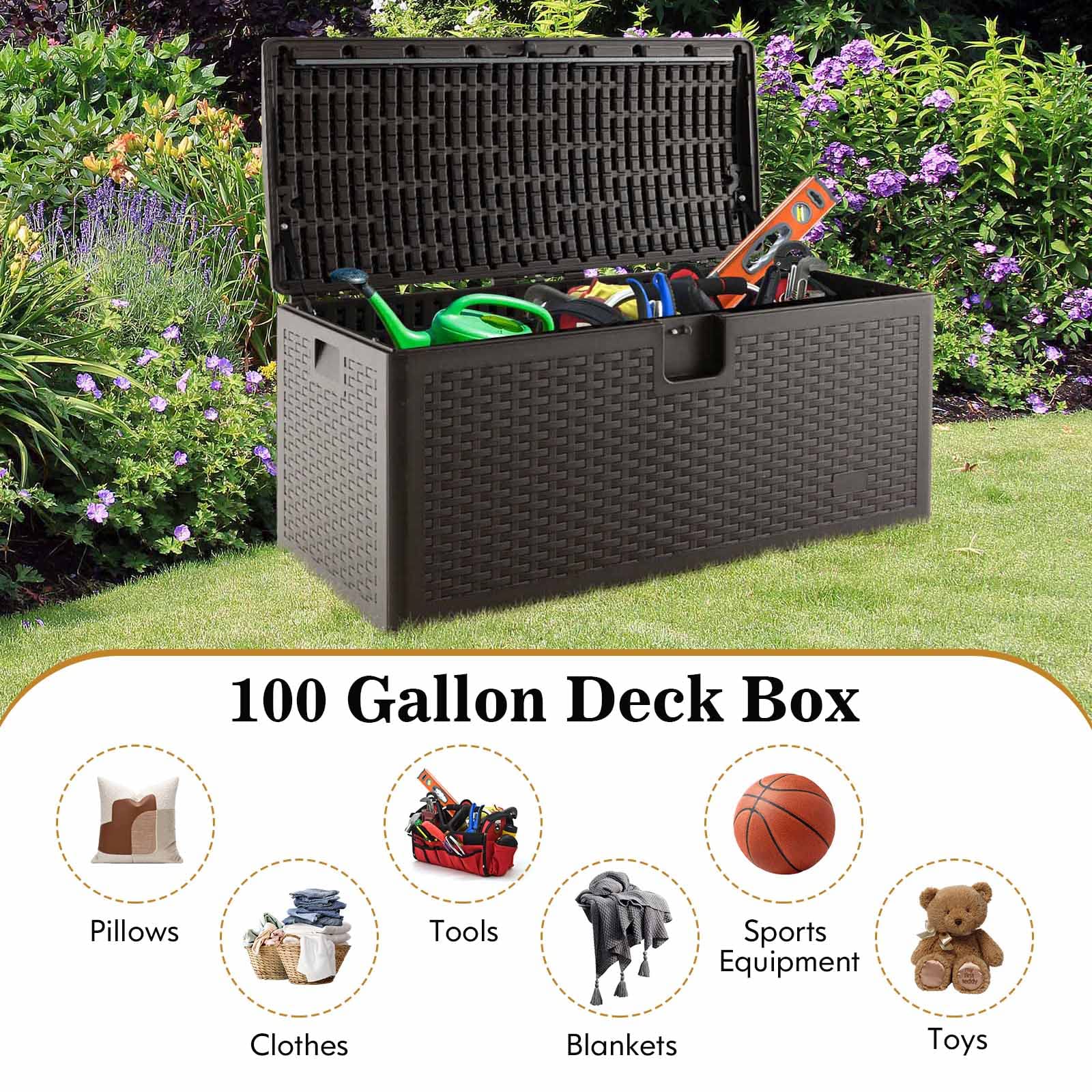 Outdoor Storage Box, 31 73 100 Gallon Waterproof Resin Patio Storage Box with Lockable Lid, Side Handle for Pillows, Cushions
