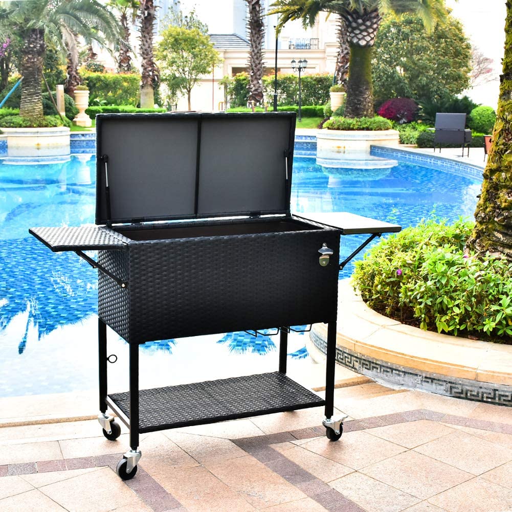 2025 80 Quart Rattan Rolling Cooler Cart, Portable Wicker Cooler Trolley, Backyard Party Drink Beverage Bar