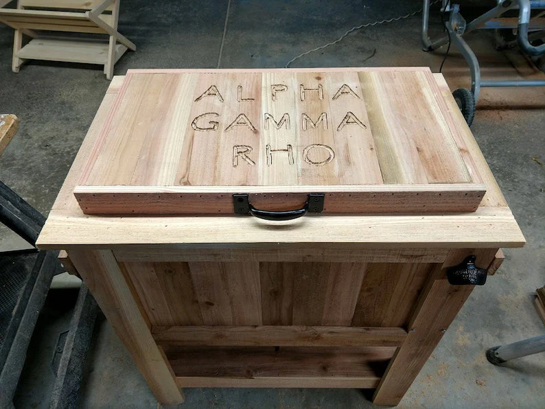 2025 All Weather 48 Quart Antiqued Cedar Cooler Stand with Brass Drain, Bottle Opener and Cap Catcher, Beer Cooler.