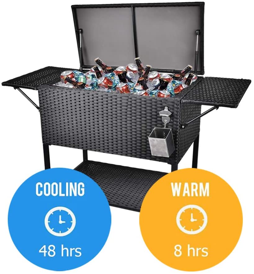 2025 80 Quart Rattan Rolling Cooler Cart, Portable Wicker Cooler Trolley, Backyard Party Drink Beverage Bar