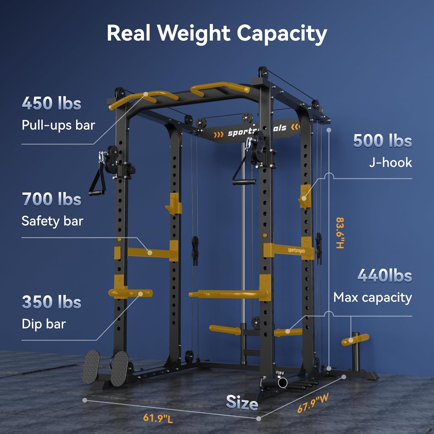 Sportsroyals Power Cage,1600lbs Multi-Function Power Rack with Adjustable Cable Crossover System and More Training Attachment, Weight Cage for Home Gym