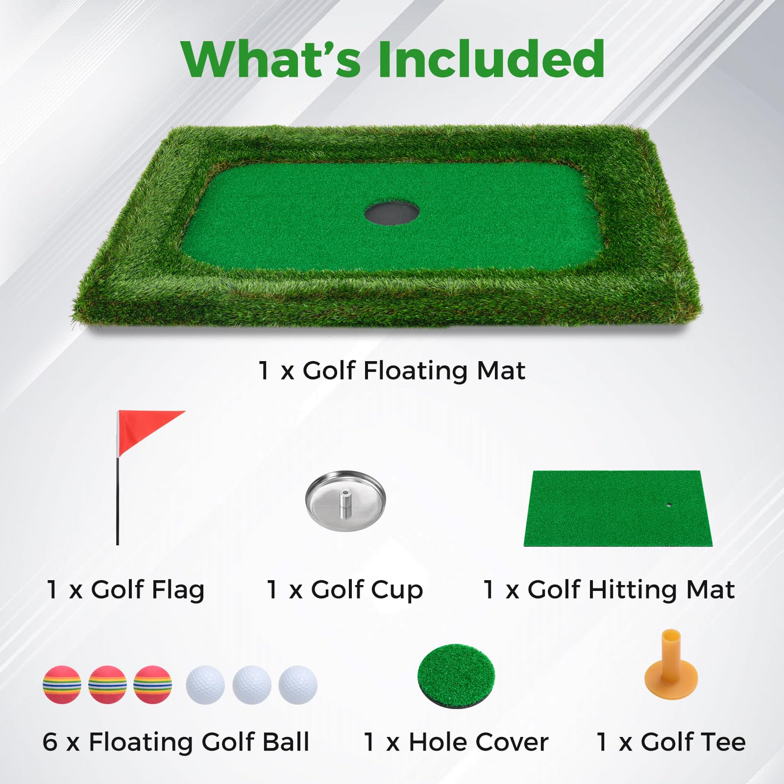 Floating Golf Green for Pool, Chipping Green Mat w/Hitting Mat, Golf Balls, Rectangle, 37.5