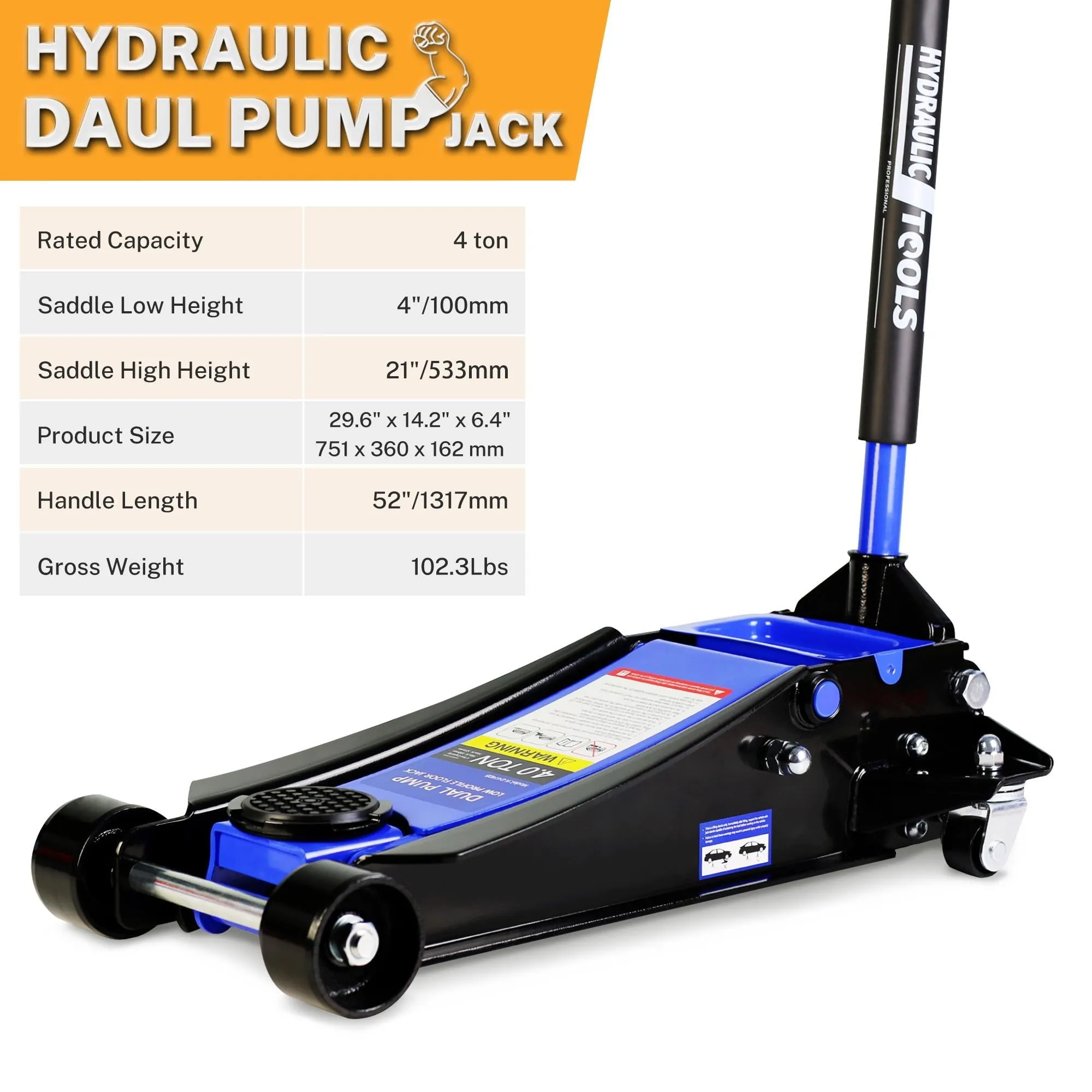 4-Ton Floor Jack, Low Profile Car Jack, Heavy-Duty Trolley Jack Car Lift with Dual Pump Pistons, Lifting Range 4