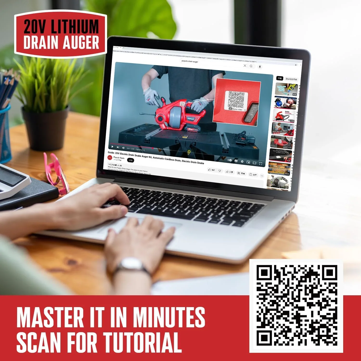 20V Cordless Electric Drain Auger-Efficient 25Ft Auto-Feed Drain Snake with Replaceable Cable,2.0Ah Battery,Charger,Storage Bag & Gloves for Kitchen,Bathroom,Shower Pipes (3/4