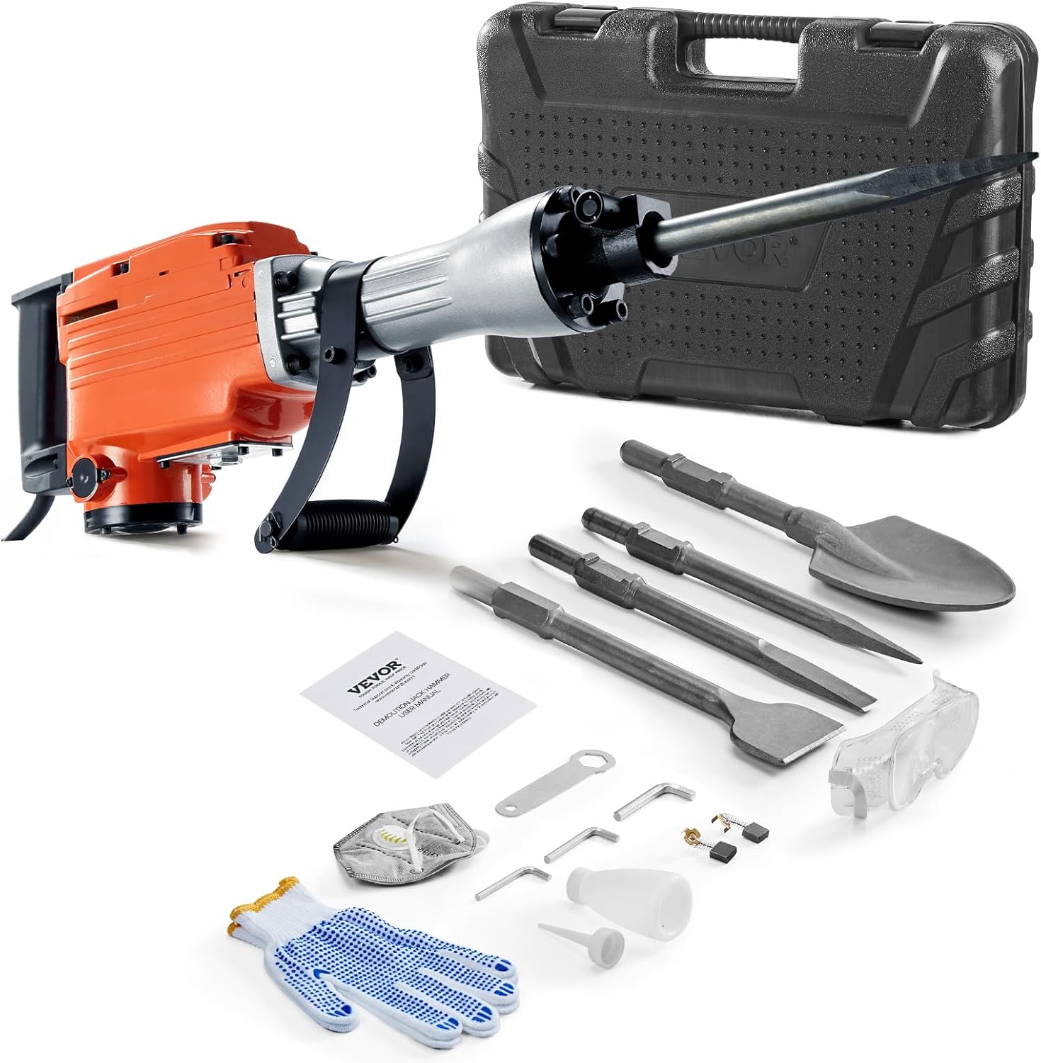 Demolition Jack Hammer, 1350 BPM Concrete Breaker 6pcs Chisels Bit Chipping with Case, 2200W Electric Jackhammer Heavy Duty, Black