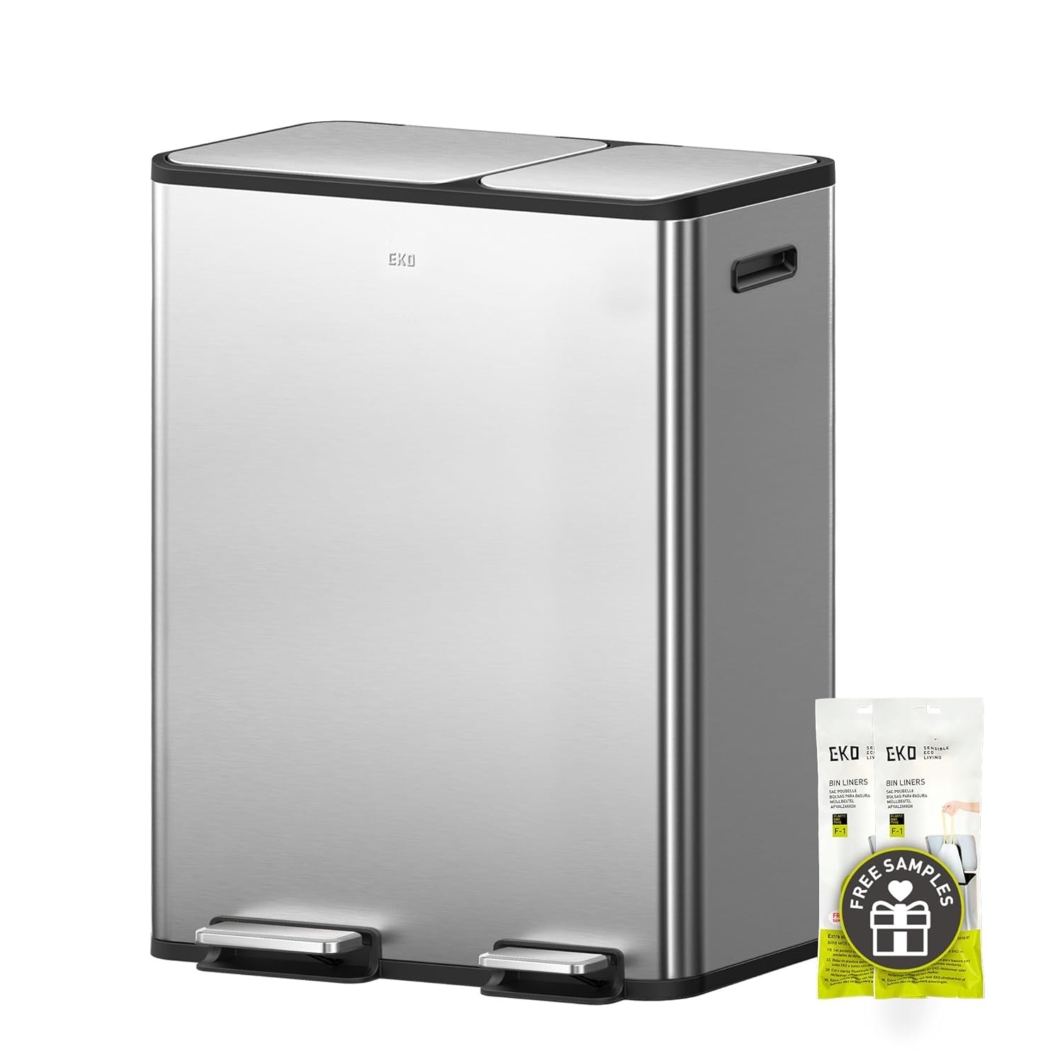 30L + 30L dual trash cans, with recycling bin, stainless steel independent footrest and lid, 2 8-gallon trash cans suitable for kitchen, slow-closing design, fingerprint-resistant treatment