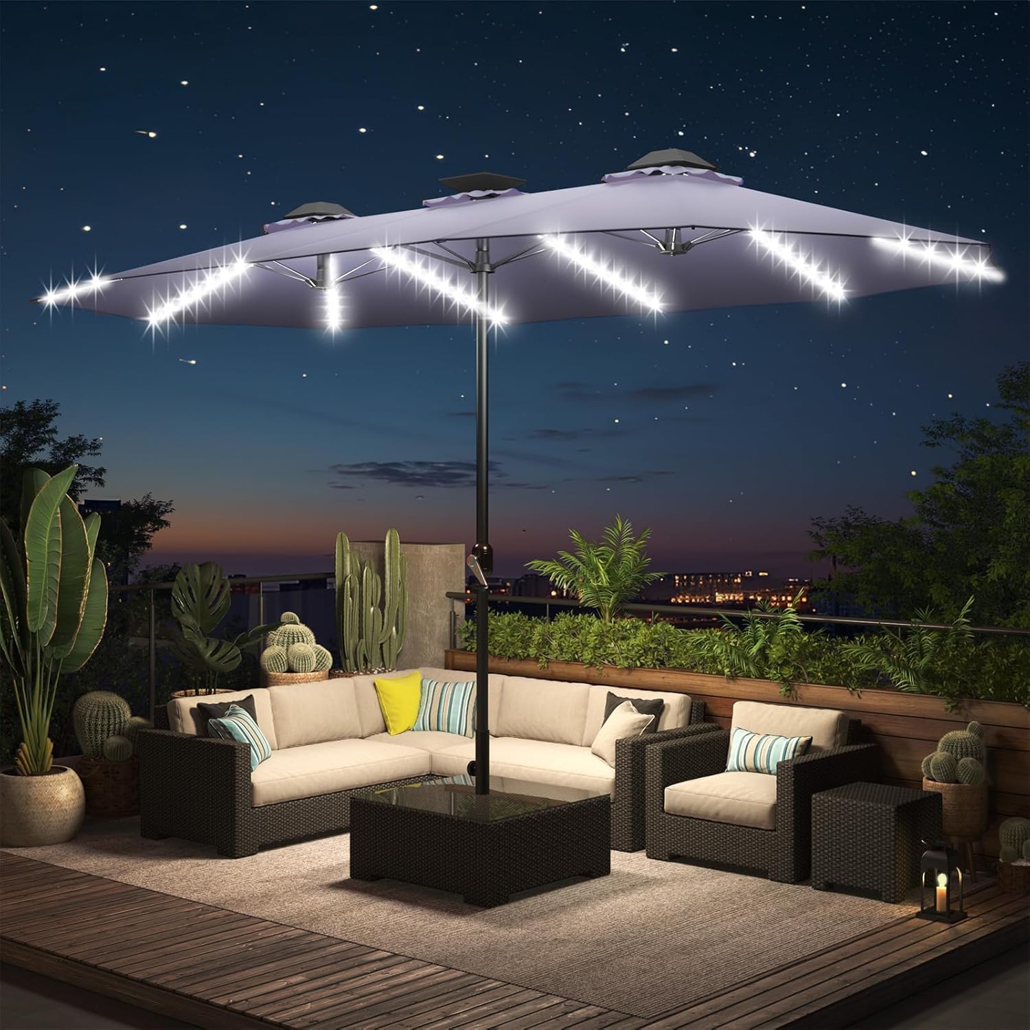 15ft Patio Umbrella with Solar Lights, Large Double Umbrella Outdoor, Rectangle 180''x106'' Umbrellas with 156 PCS LED Lights and Crank Handle for Backyard Deck Pool Shade in Black(1.9