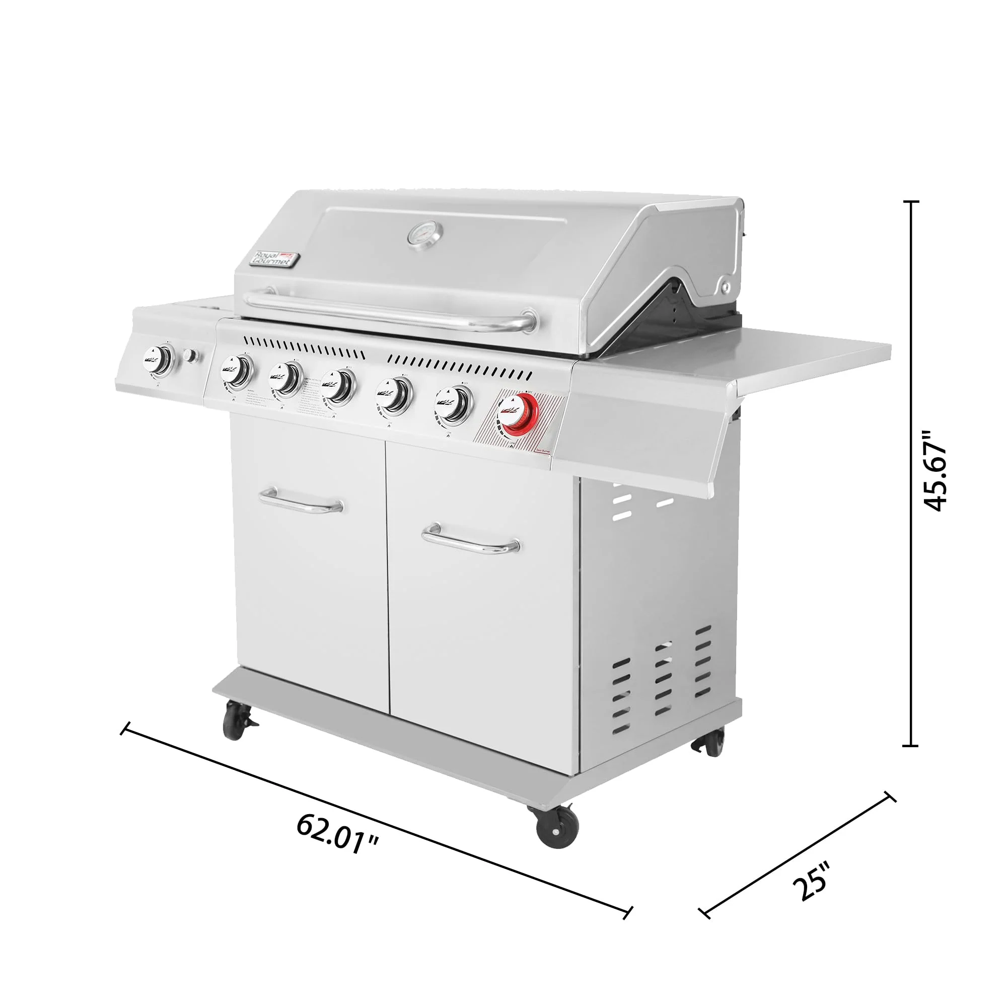 Stainless Steel Gas Grill, Premier 6-Burner Propane Grill with Sear Burner and Side Burner, 74,000 BTU, Cabinet Style, Outdoor BBQ Party Grill, Silver