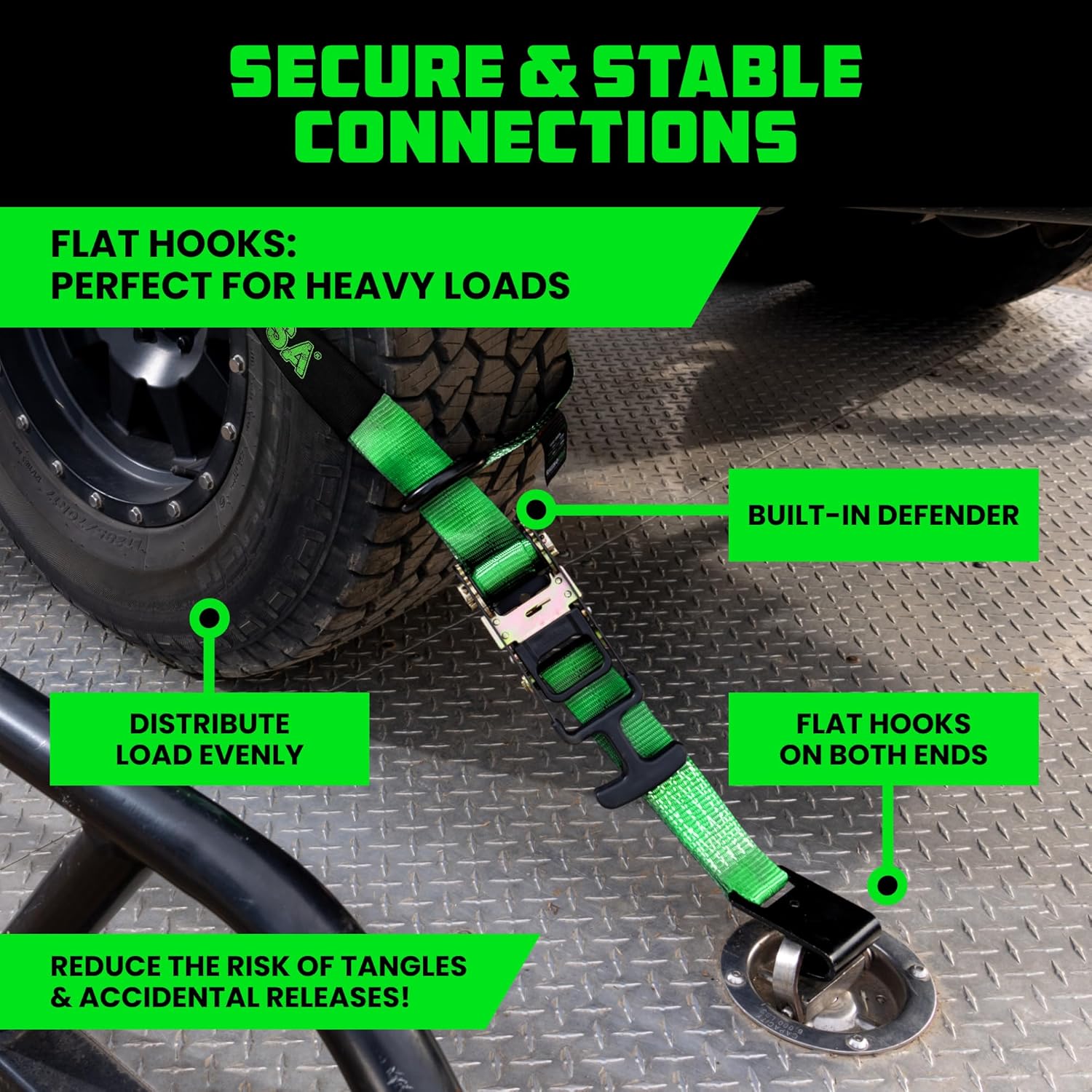 Car Tie Down Straps for Trailers with Flat Hooks (4-Pack) - 2 Inch x 8 Feet (10,000lb Break Strength) - Heavy Duty T-Handle Car Lasso Tire Straps for Trailer & UTV - Black