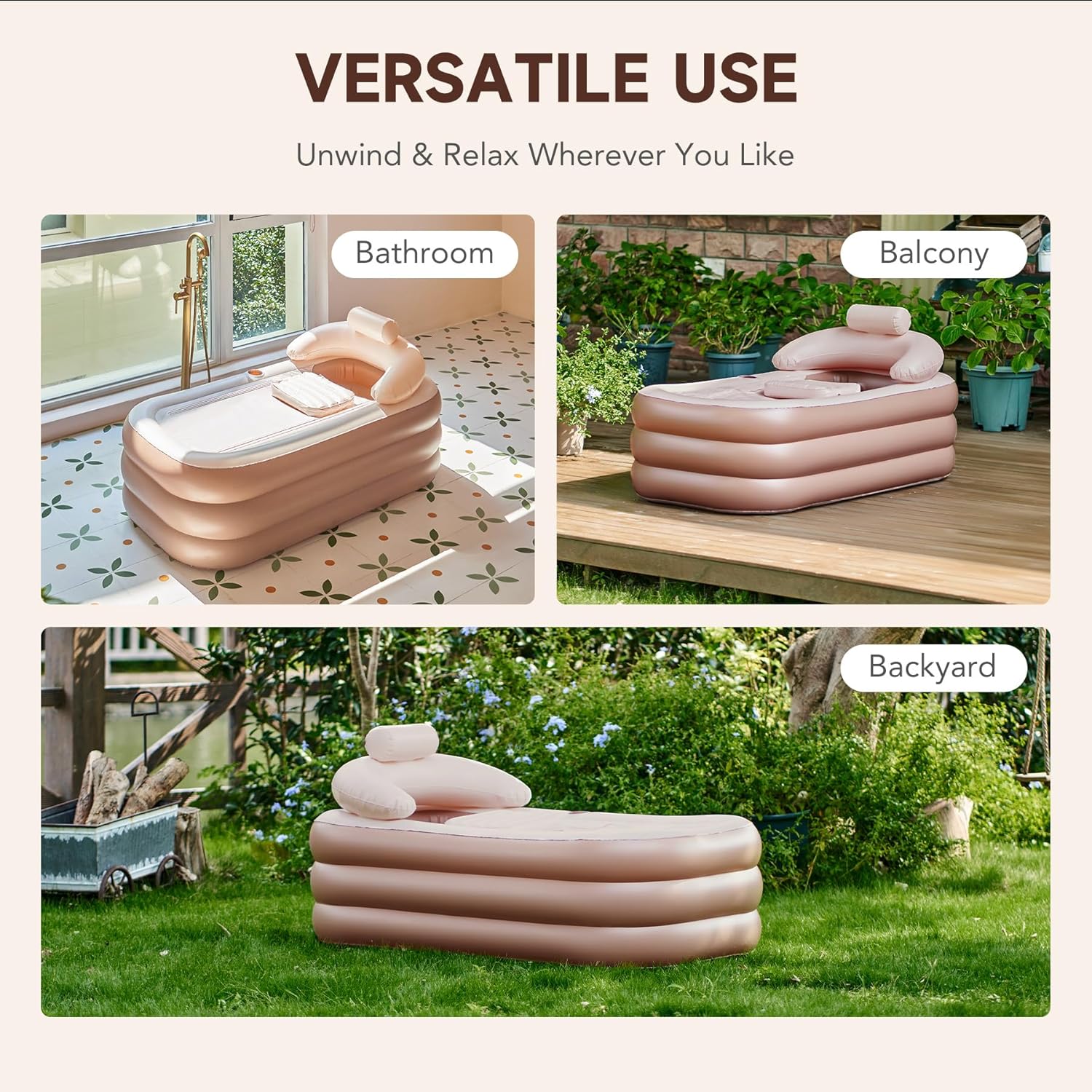 Inflatable Adult Bath Tub, Free-Standing Blow Up Bathtub with Foldable Portable Feature for Adult Spa with Electric Air Pump (High-Density PVC)