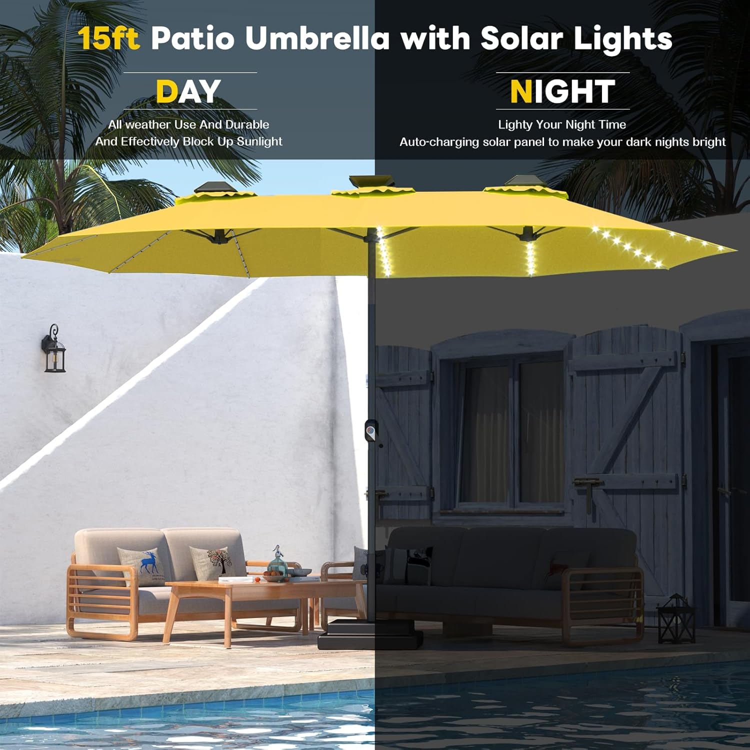 15ft Patio Umbrella with Solar Lights, Large Double Umbrella Outdoor, Rectangle 180''x106'' Umbrellas with 156 PCS LED Lights and Crank Handle for Backyard Deck Pool Shade in Black(1.9