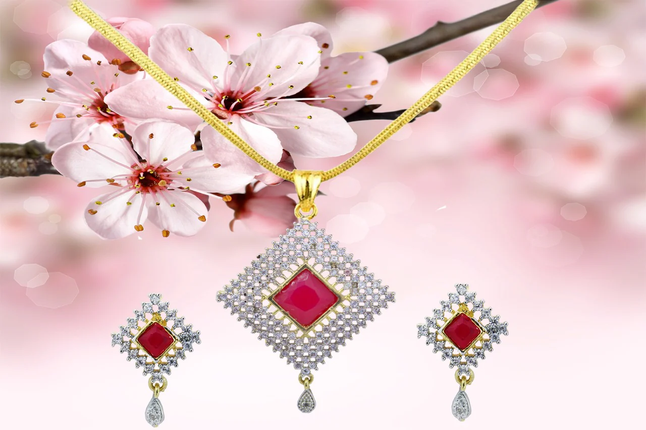 Square Design Red American Stone Studded Necklace Set with Earring For Women and Girls