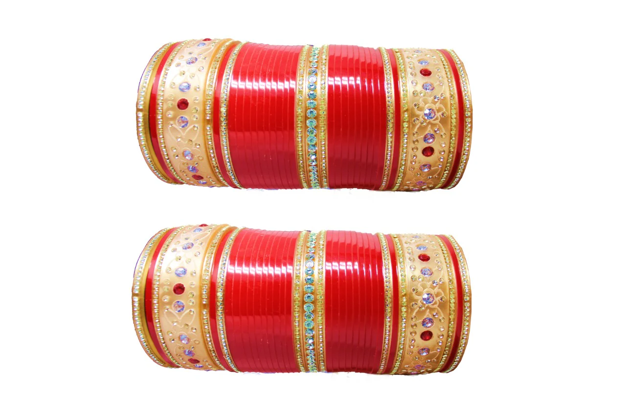 Red Bridal Dulhan White & Golden Stone Chura for Women and Girls