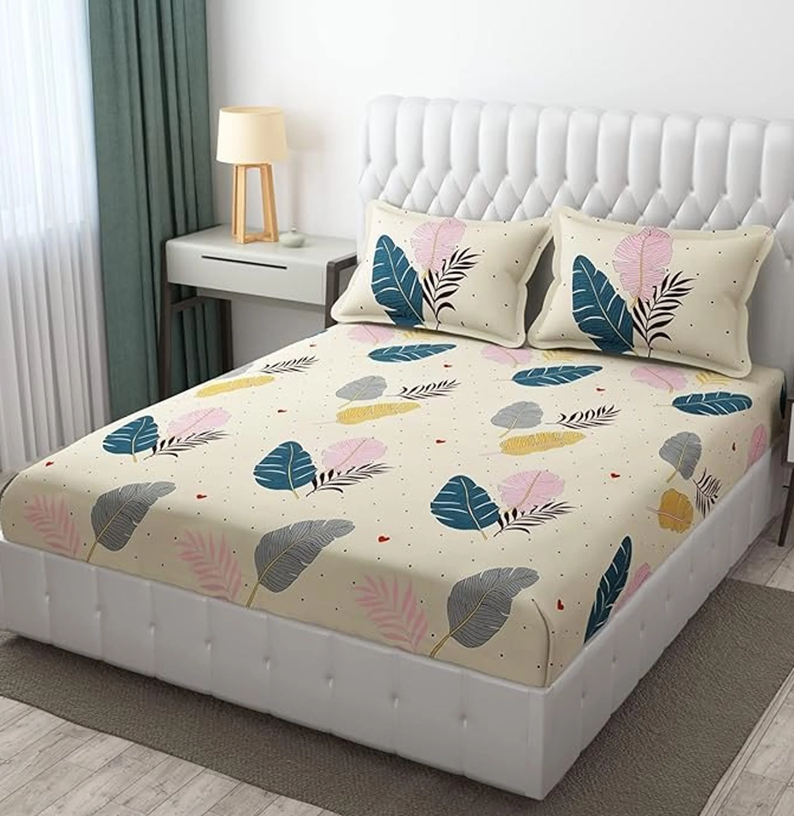 JDX BedSheet | Florel Printed Elastic Fitted Printed Queen Size Double Bed Bedsheet with 2 Pillow Cover (72