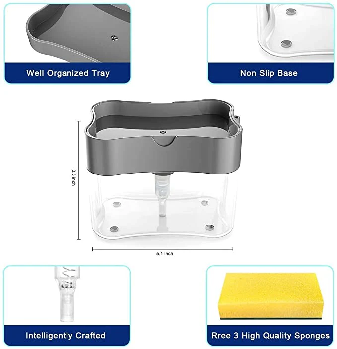 JDX 2 in 1 Soap Pump Plastic Dispenser for Dishwasher Liquid Holder Free Sponge