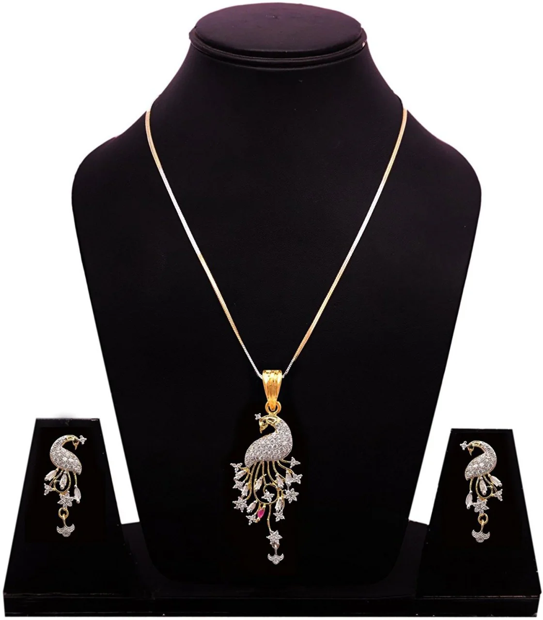 Gold Plated Ameican Diammond Beautiful Peacock Shape Pendant With Earrings Set for Women and Girls