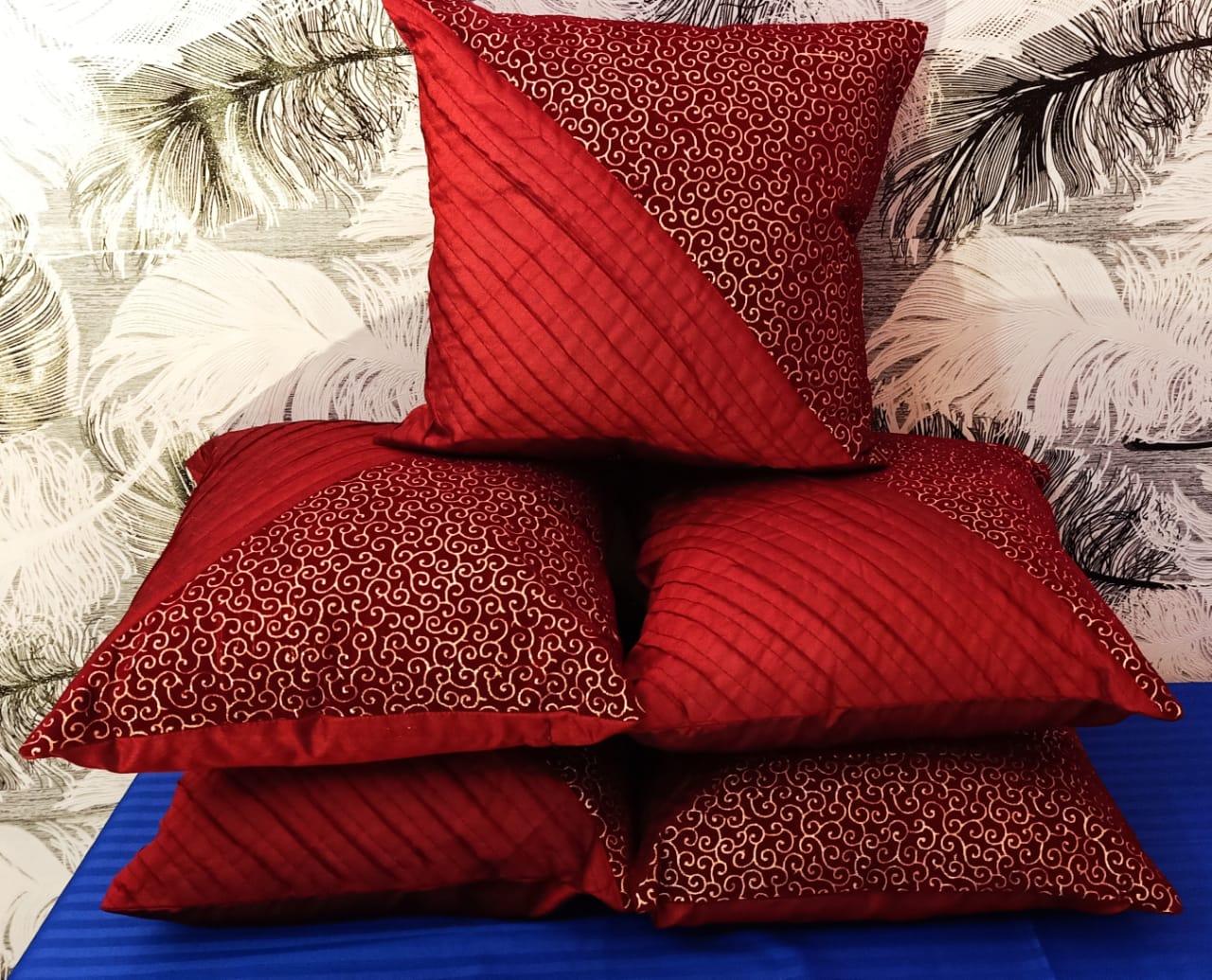 Decorative Silk Art Set of 5 Cushion Cover (Red, 16 x 16)