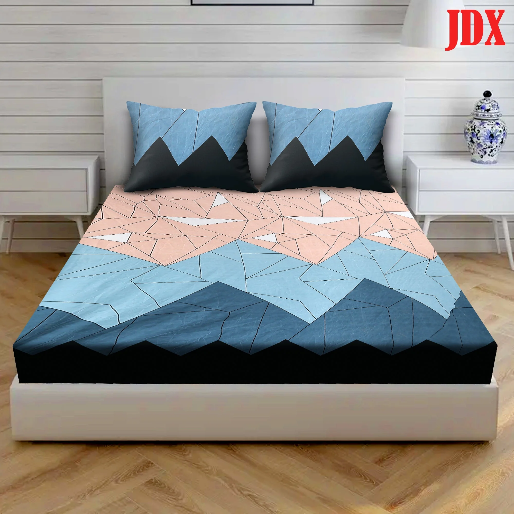 JDX BedSheet Cotton Feel Glace Cotton Elastic Fitted Printed Queen Size Double Bed Bedsheet with 2 Pillow Cover(72