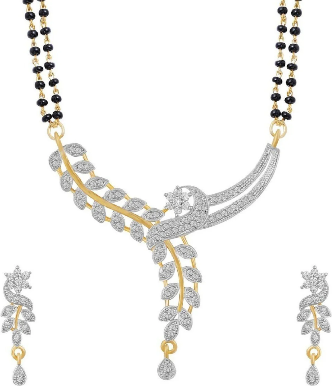 Leaf Design American Diamond Studded Magalsutra With Earring for Women and Girls