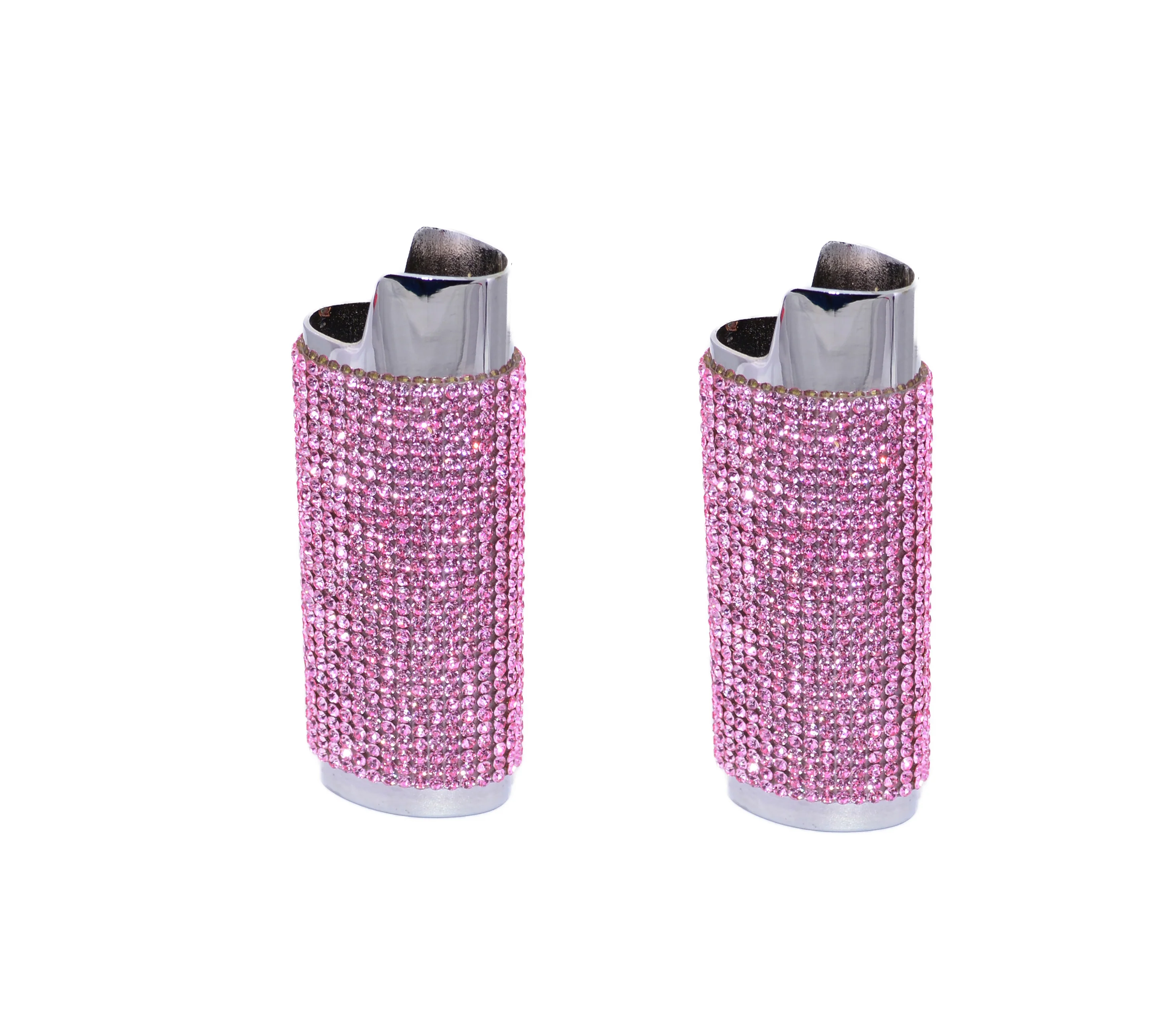 2 (Two) Silver Mirrored Bling Bedazzled Lighter Case Cover Sleeves with Pink Rhinestones LS63