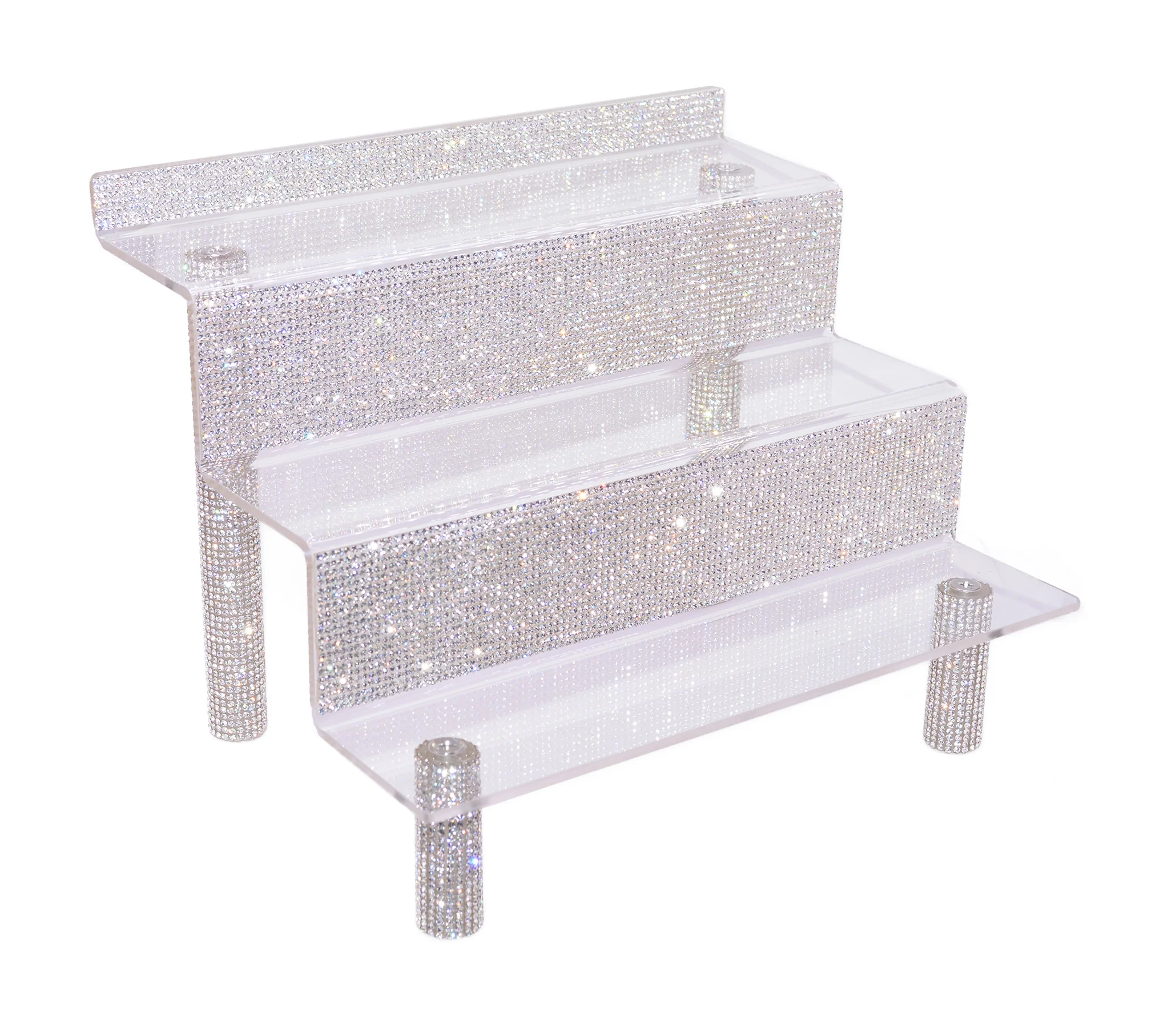 Bling Glam Rhinestone 3 Raised Tier Display Shelves Organizer for Cosmetics, Makeup, Nail Polish, Perfume, Spices, Collectibles, and More. Bedazzled Tiered Riser Displays CT10