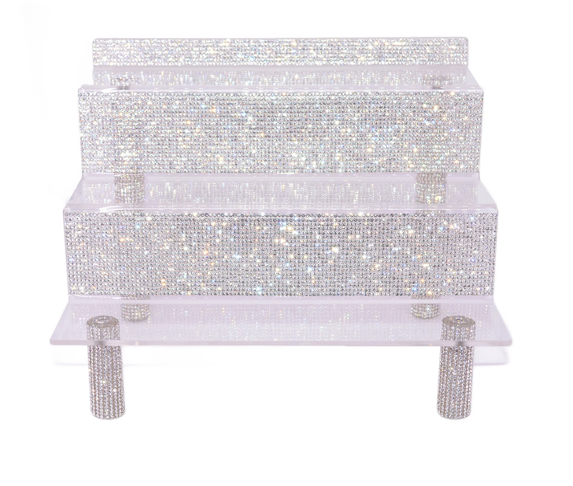 Bling Glam Rhinestone 3 Raised Tier Display Shelves Organizer for Cosmetics, Makeup, Nail Polish, Perfume, Spices, Collectibles, and More. Bedazzled Tiered Riser Displays CT10