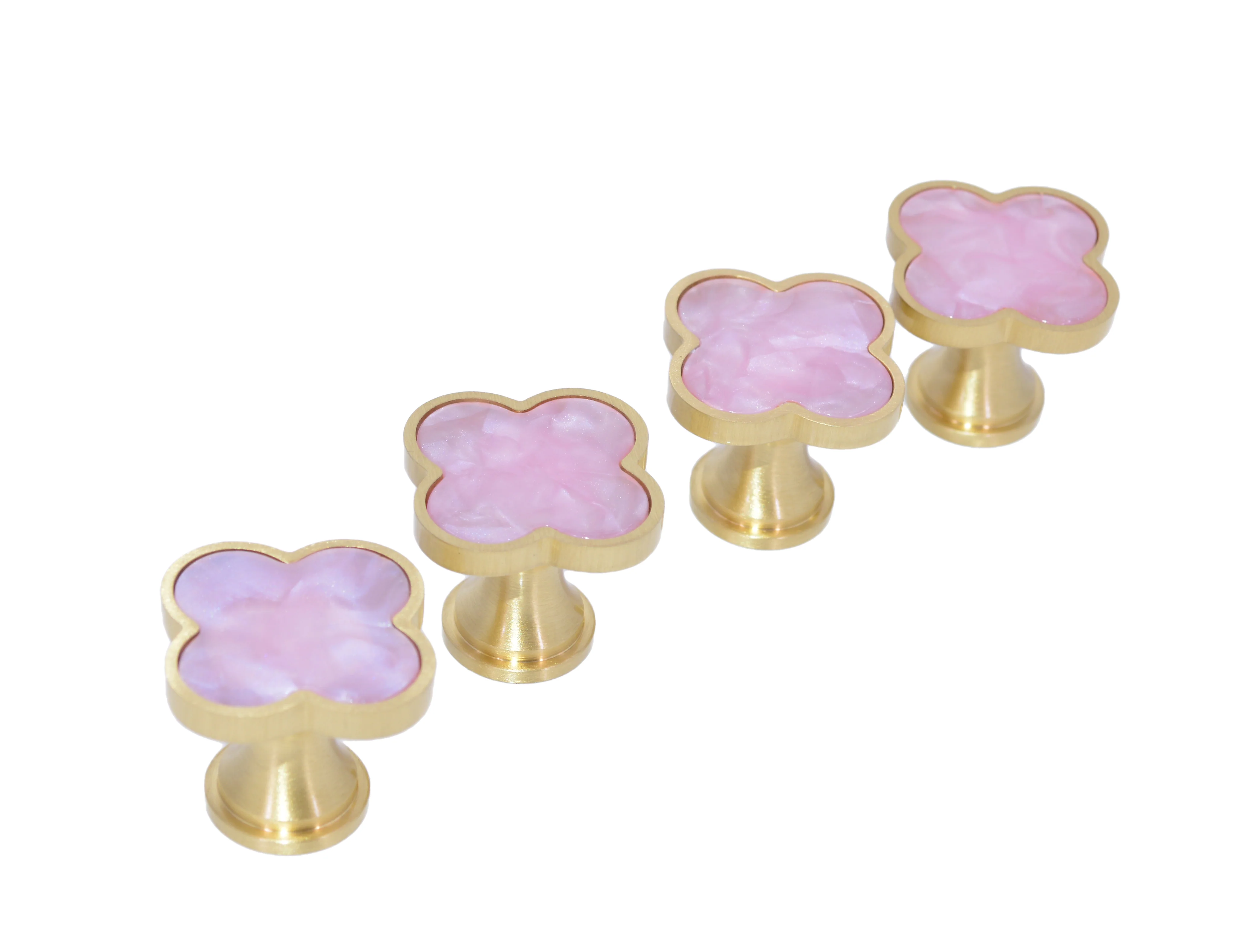 Pink Mauve Clover with Brass Base Cabinet and Drawer Knob (4 Pack), Pull Handle, Hardware Cabinet Knobs, Dresser Pulls (4 Pack)