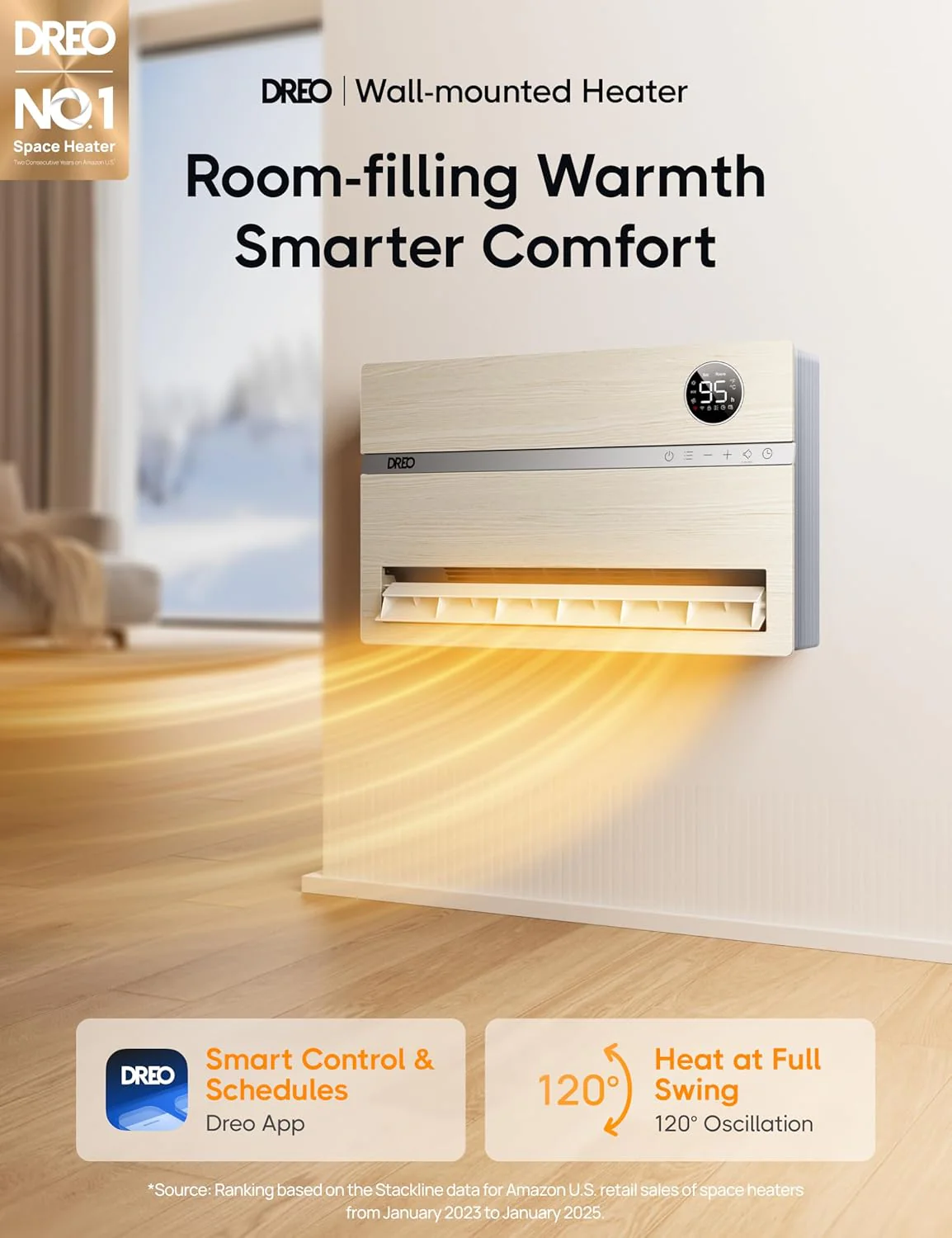 Smart wall mounted heater, bedroom electric heater, 1500W adjustable thermostat 24-hour timer easy to install indoor heater