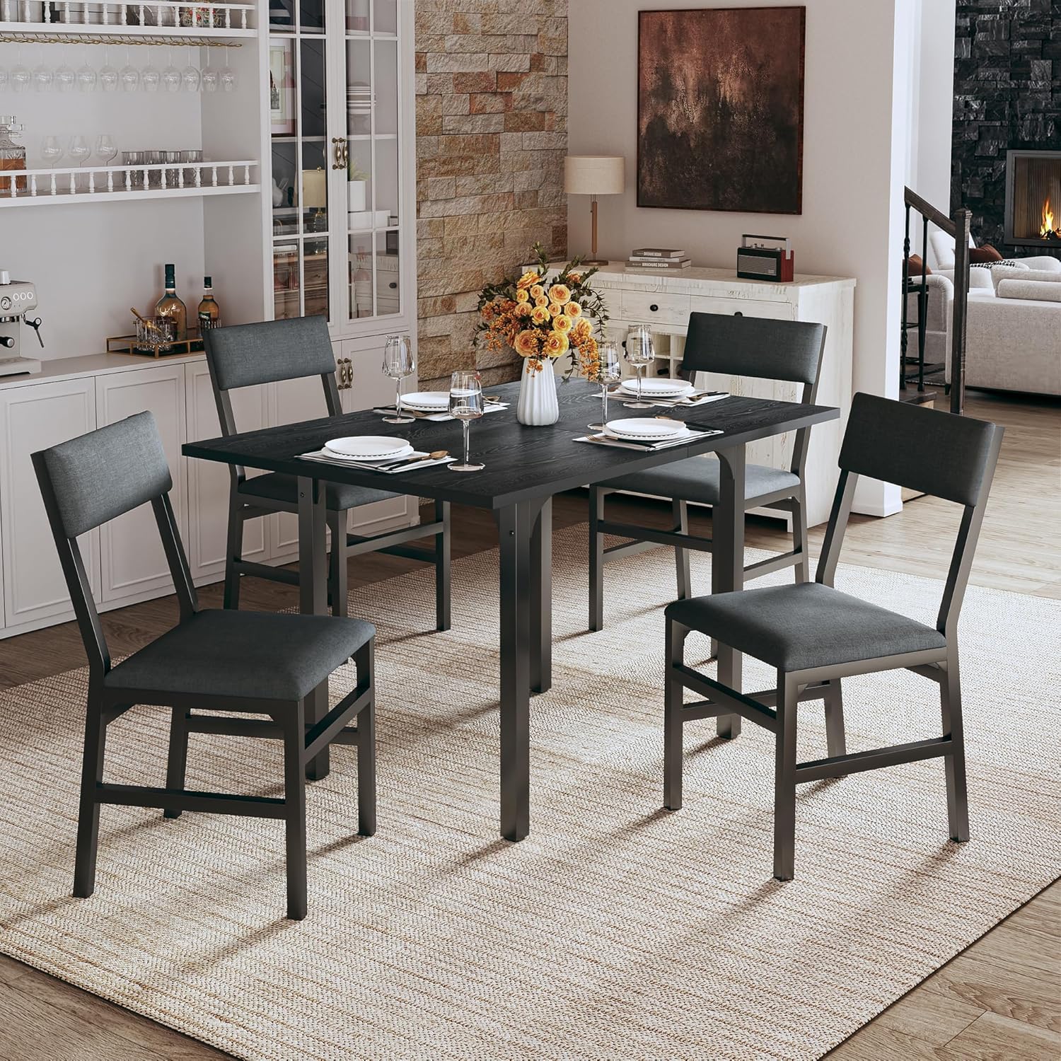 HUAHUU Dining Table Set for 4 Extendable Kitchen Table Cushion Chairs Rectangle Dining Table
