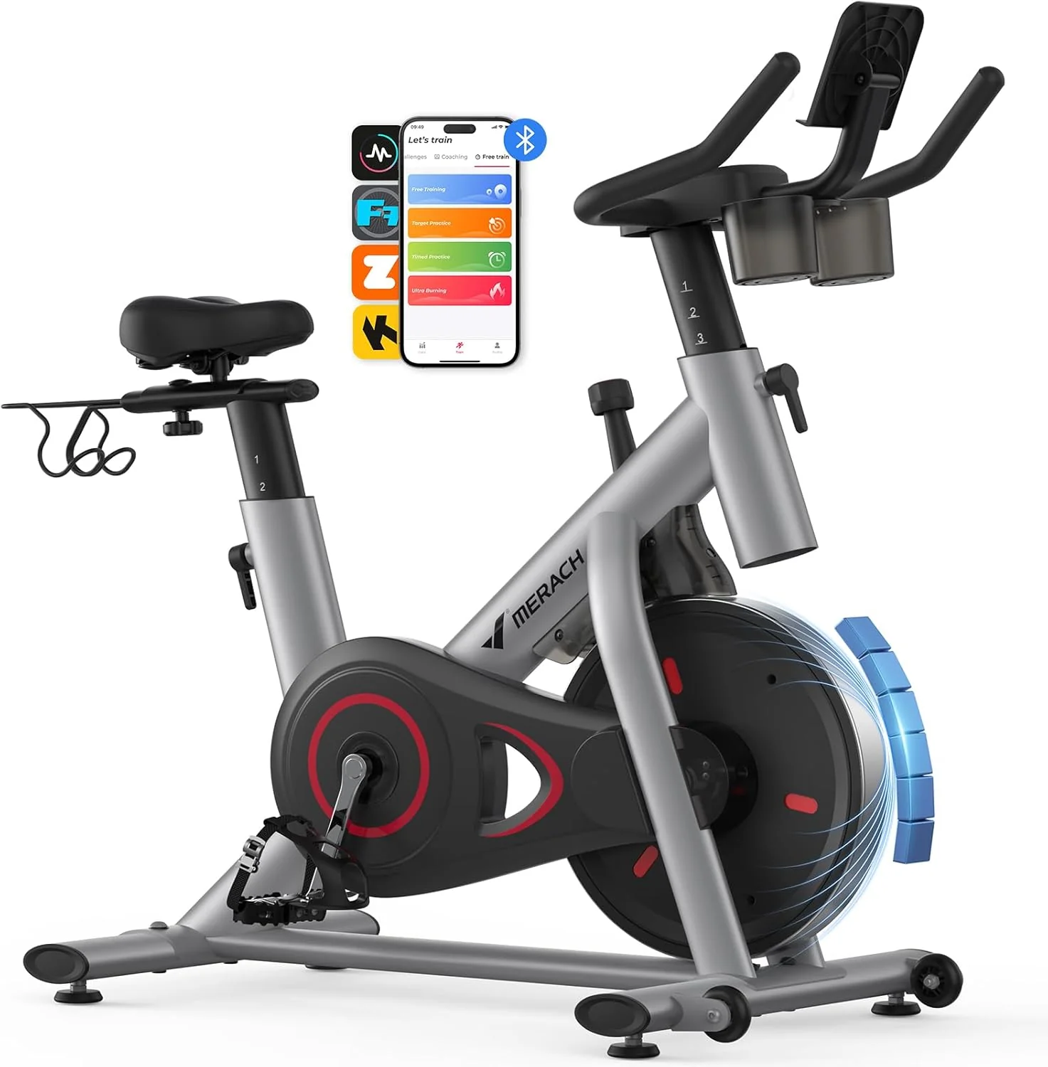 MERACH exercise bike, brake pads with exclusive app, low noise indoor stationary bike