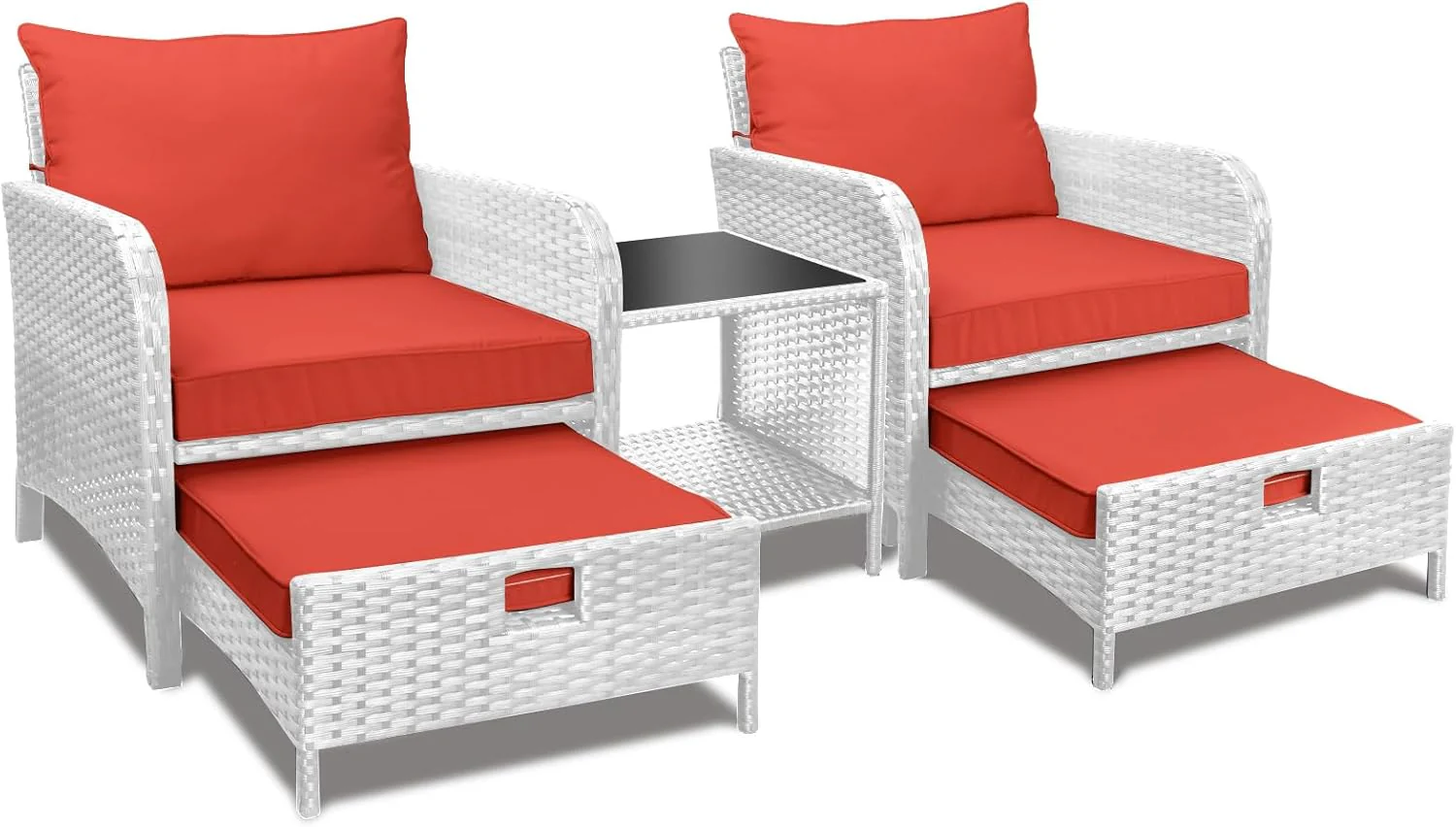 LEVELEVE Balcony Furniture 5 Piece Patio Conversation Set, PE Wicker Rattan Outdoor Lounge Chairs with Soft Cushions 2 Ottoman&Glass Table for Porch, Lawn-Brown Wicker