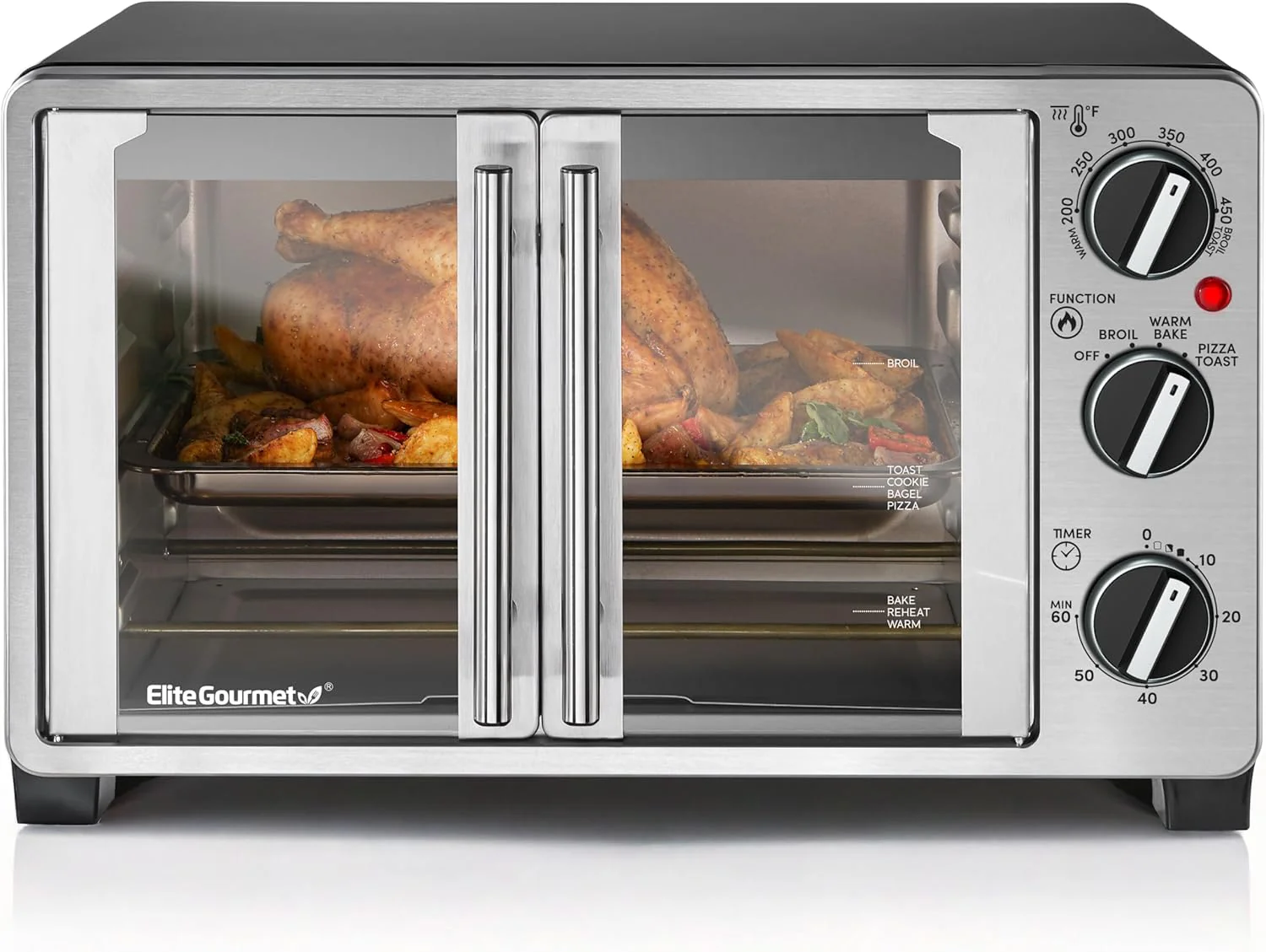 Elite Gourmet ETO2530M Double French Door Countertop Toaster Oven, Bake, Broil, Toast, Keep Warm, Fits 12