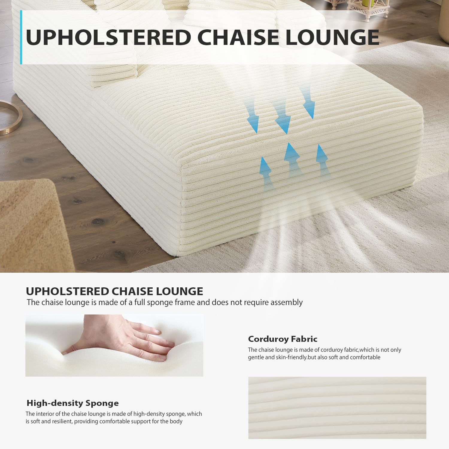 50 Inch Chaise Lounge Chair Indoor, Oversized Corduroy Upholstered Boneless Sofa Bed, Deep Seat Sleeper Couch Reading Chairs, Cloud Sofas Couches for Living Room, No Assembly Required (Dark Grey)