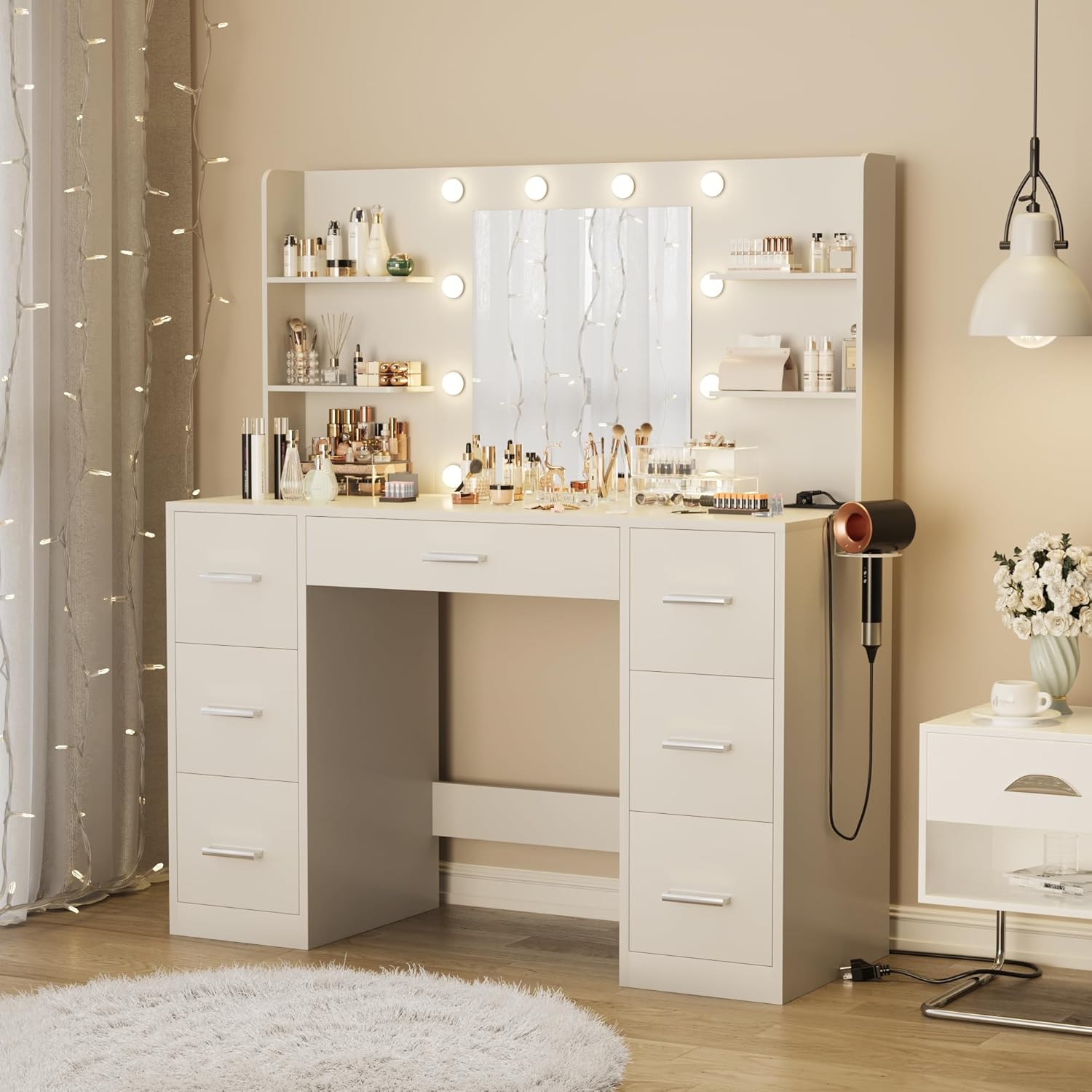 Vanity Desk with Mirror LED Lights and Power Outlet Makeup with 7 Drawers