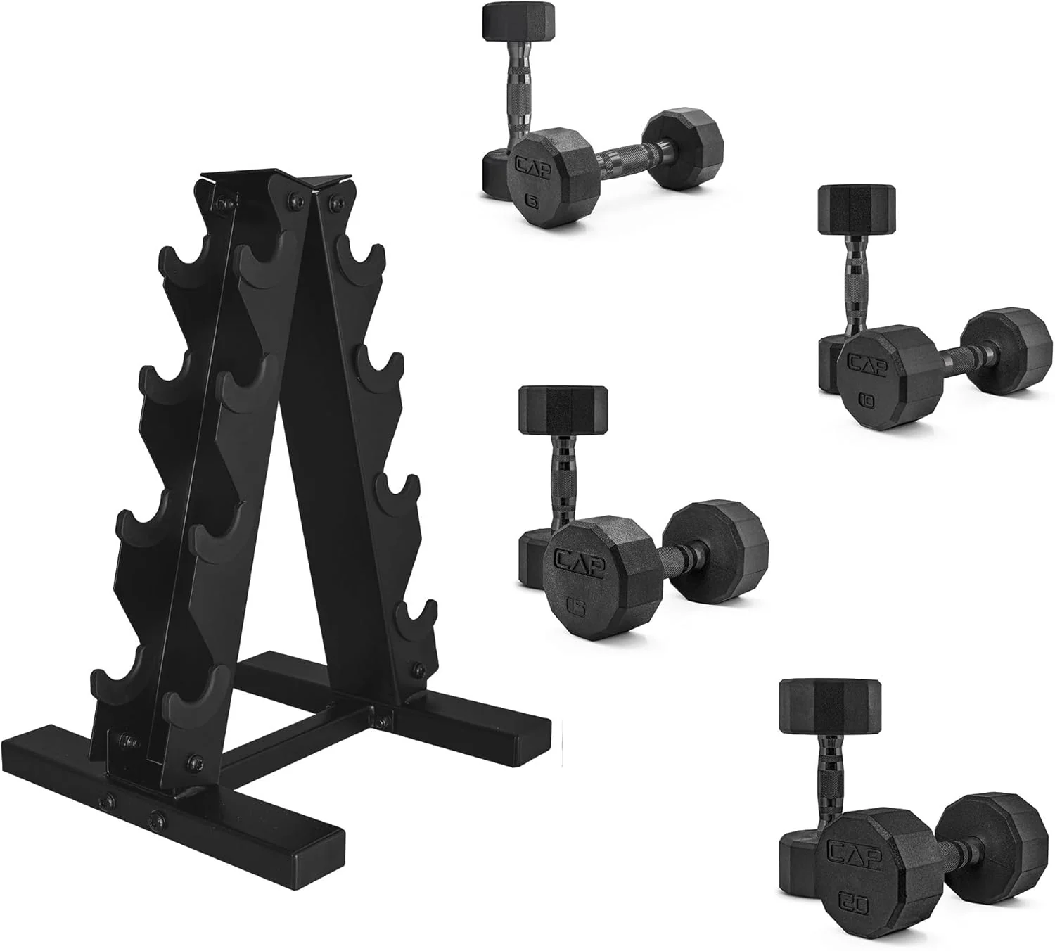 CAP Barbell Rubber Coated Dumbbell Weight Set with Vertical Rack | 100 lb, 150 lb, and 210 lb