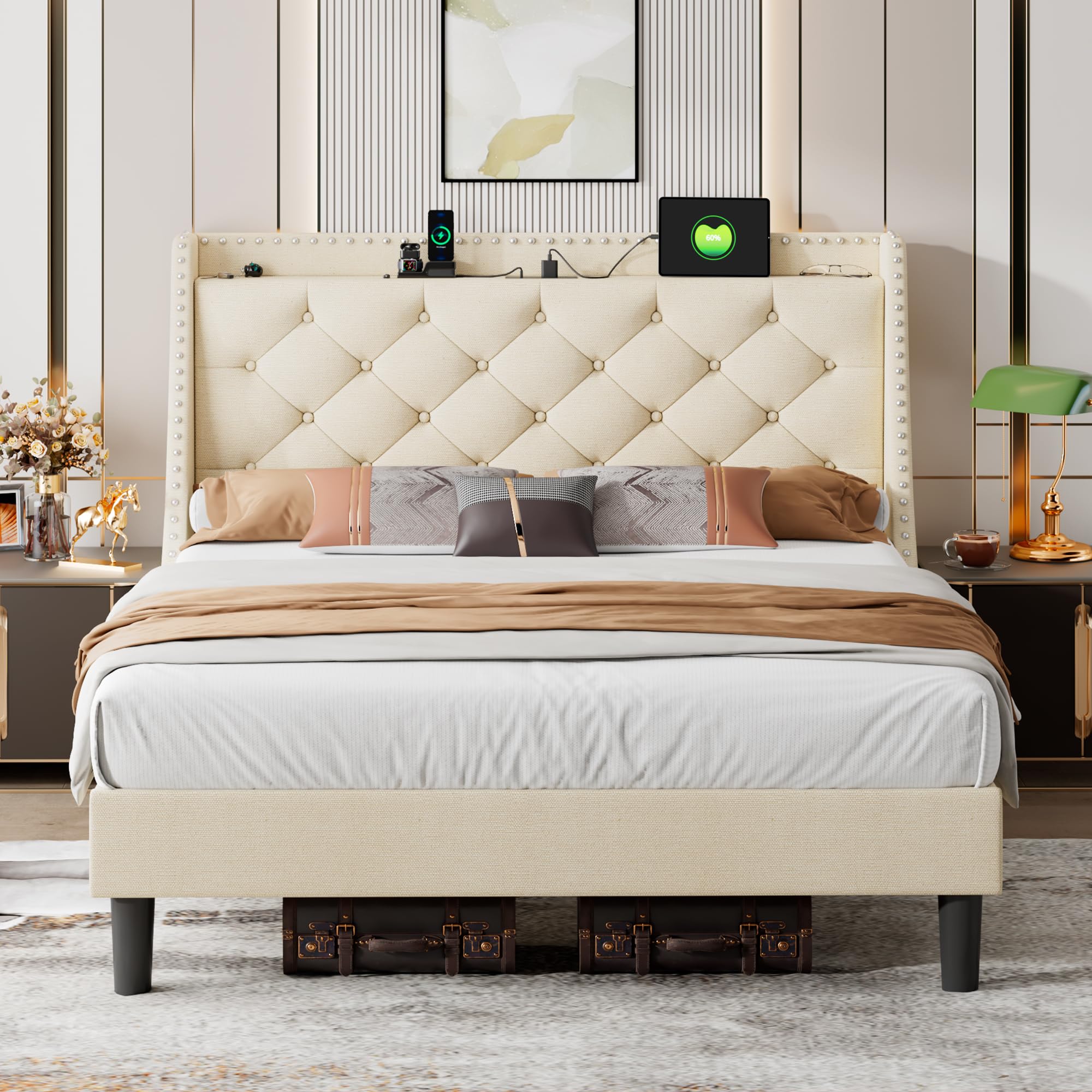 iPormis Full Bed Frame with 16" Deluxe Wingback & USB & Type-C Ports, Upholstered Platform Beds with Button Tufted Storage Headboard, Solid Wood Slats Support, No Box Spring Needed, Beige