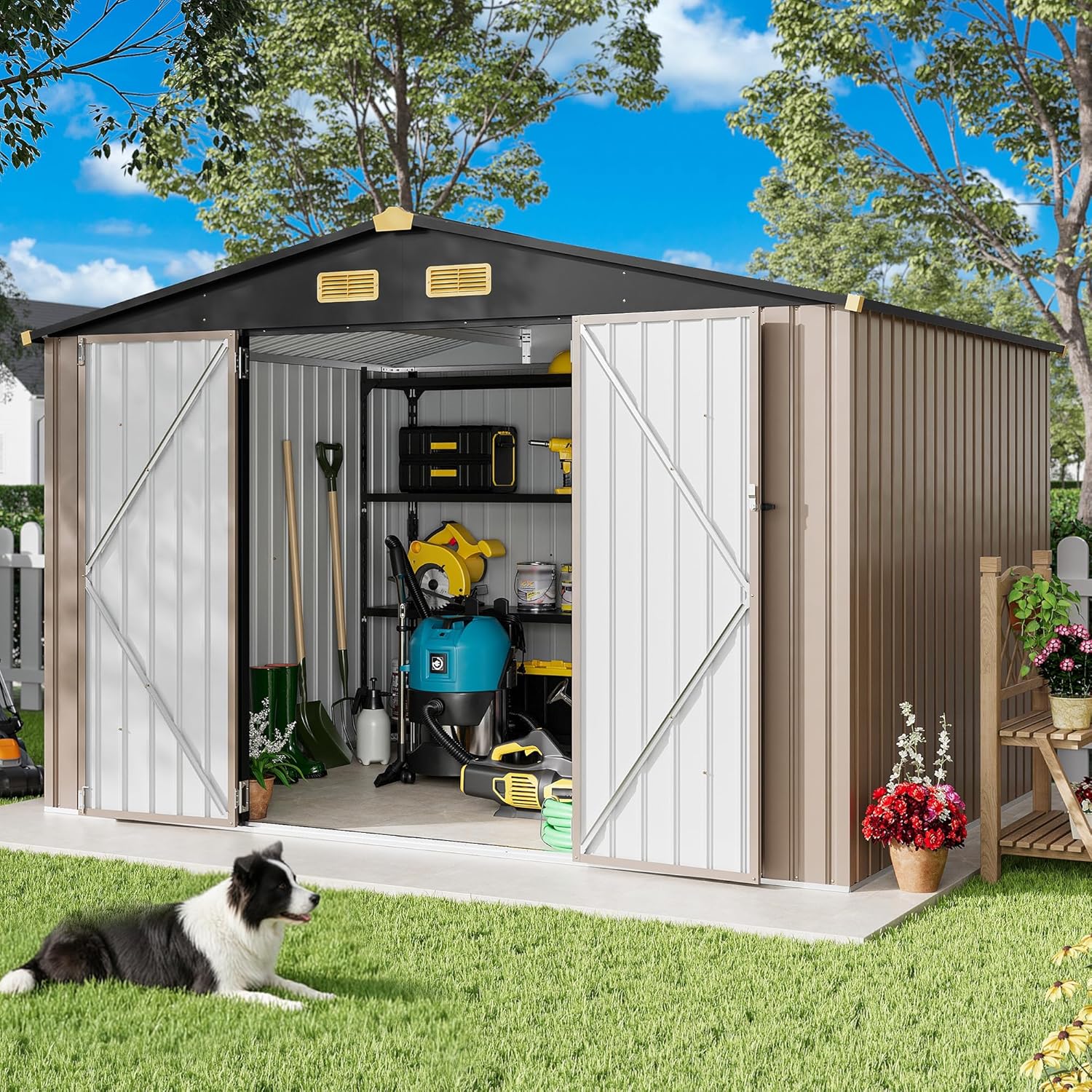 IRONCK 10x8FT Outdoor Storage Shed with Breathable Vent, Galvanized Steel Metal Tool Shed