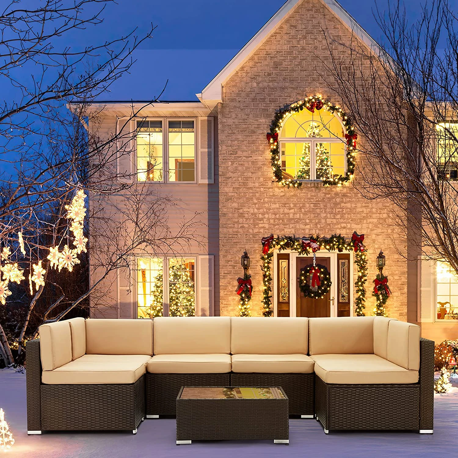 U-MAX 7 Piece Outdoor Patio Furniture Set, PE Rattan Wicker Sofa Set, Outdoor Sectional Furniture Chair Set with Khaki Cushions and Tea Table