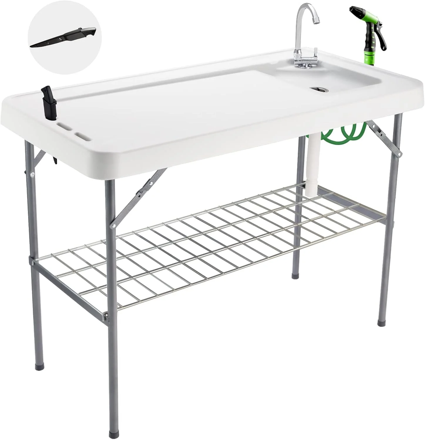 Folding Fish Cleaning Table Portable Camping Sink Table with Faucet Drain Hose and Sprayer Outdoor Fish Fillet Cleaning Station