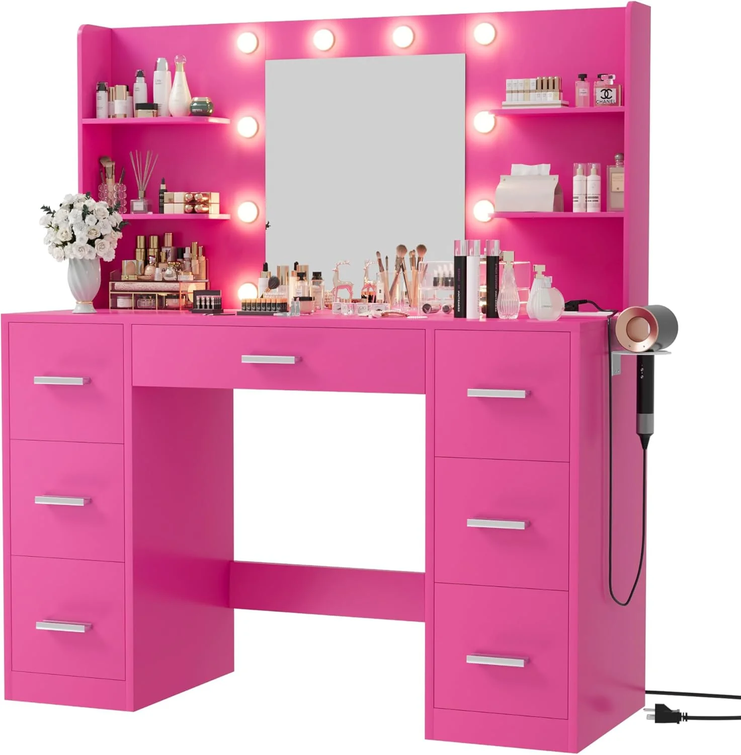 Furmax Vanity Desk with Mirror, LED Lights and Power Outlet Makeup Vanity Table