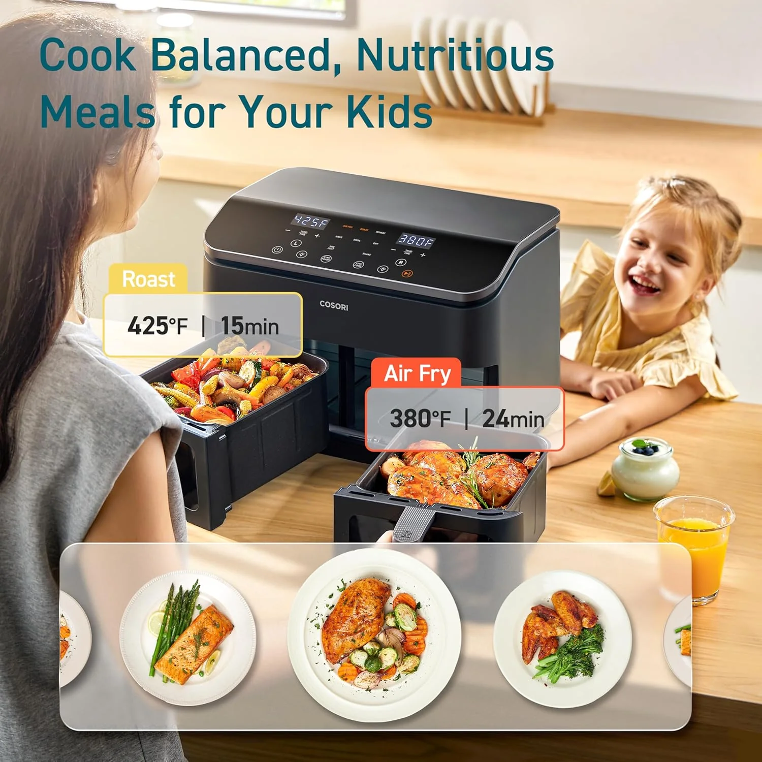 COSORI Dual Air Fryer 9Qt 10-in-1, Fresh Balanced Meals for Family