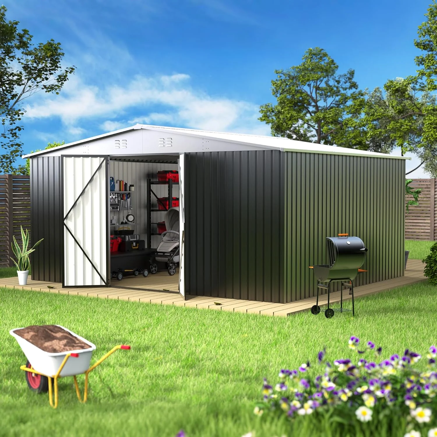 14 x 12 ft Outdoor Storage Shed, Metal Waterproof Storage Shed Steel Utility Garden Tool Shed