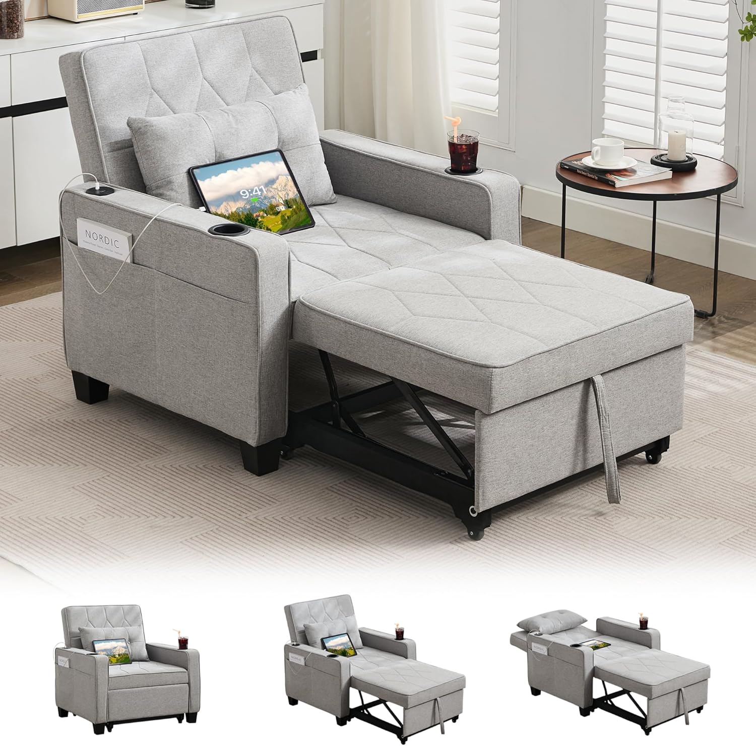 Adult Convertible Sleeper Chair Bed, 3-in-1 Pull-Out Sofa Bed with USB/Type-C Ports, Cup Holders, Side Pockets, Single Sofa