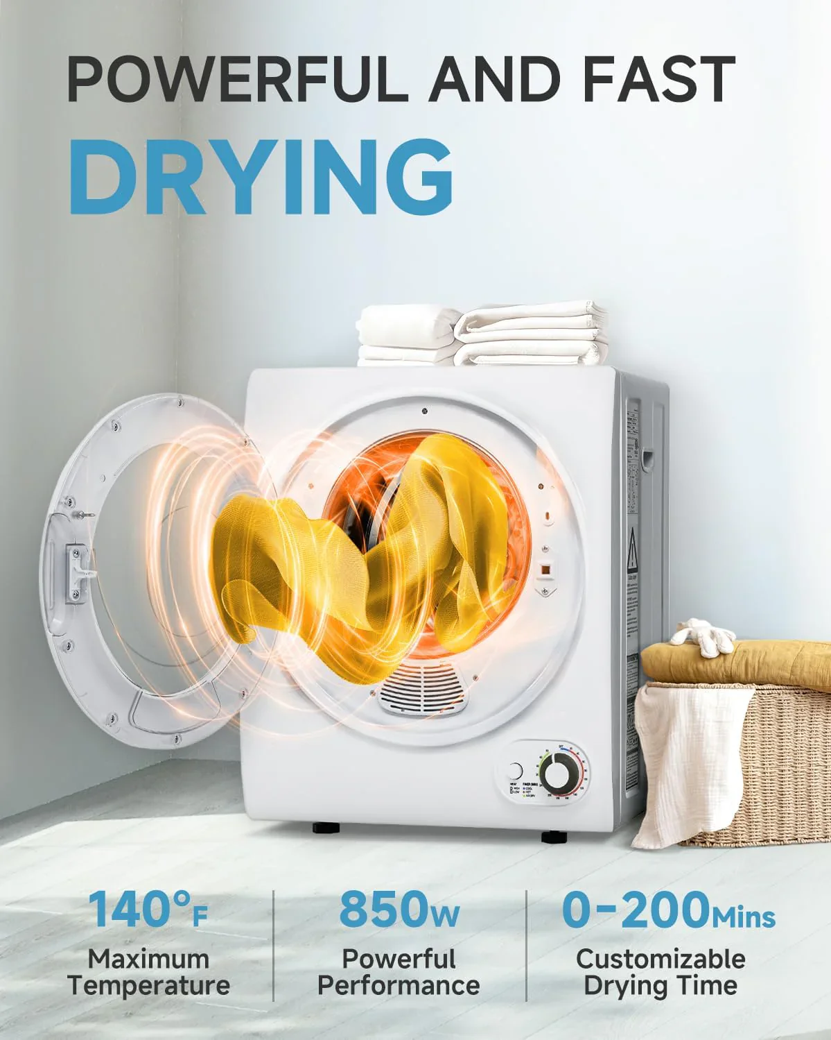 110V Portable Dryer â€?850W Compact Clothes Dryer with 4 Automatic Drying Modes, Stainless Steel Tub, Simple Control Knob for Apartments, Dorms & Small Spaces