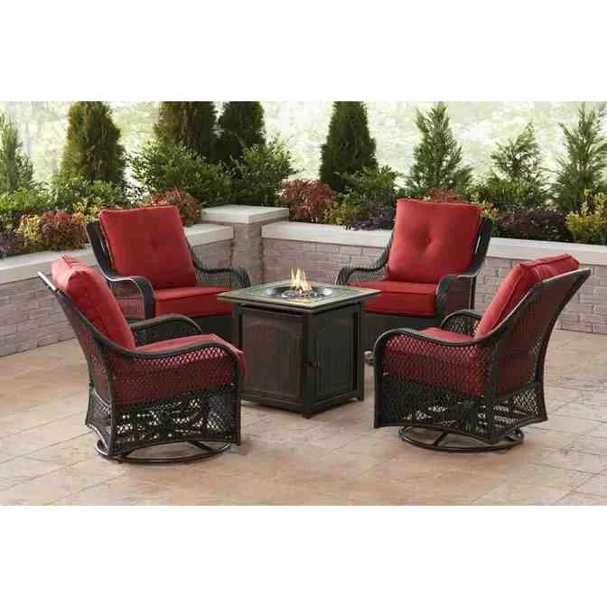 2025 5-Piece Steel Patio Fire Pit Conversation Set with Navy Blue Cushions, Swivel Gliders and Square Fire Pit Table