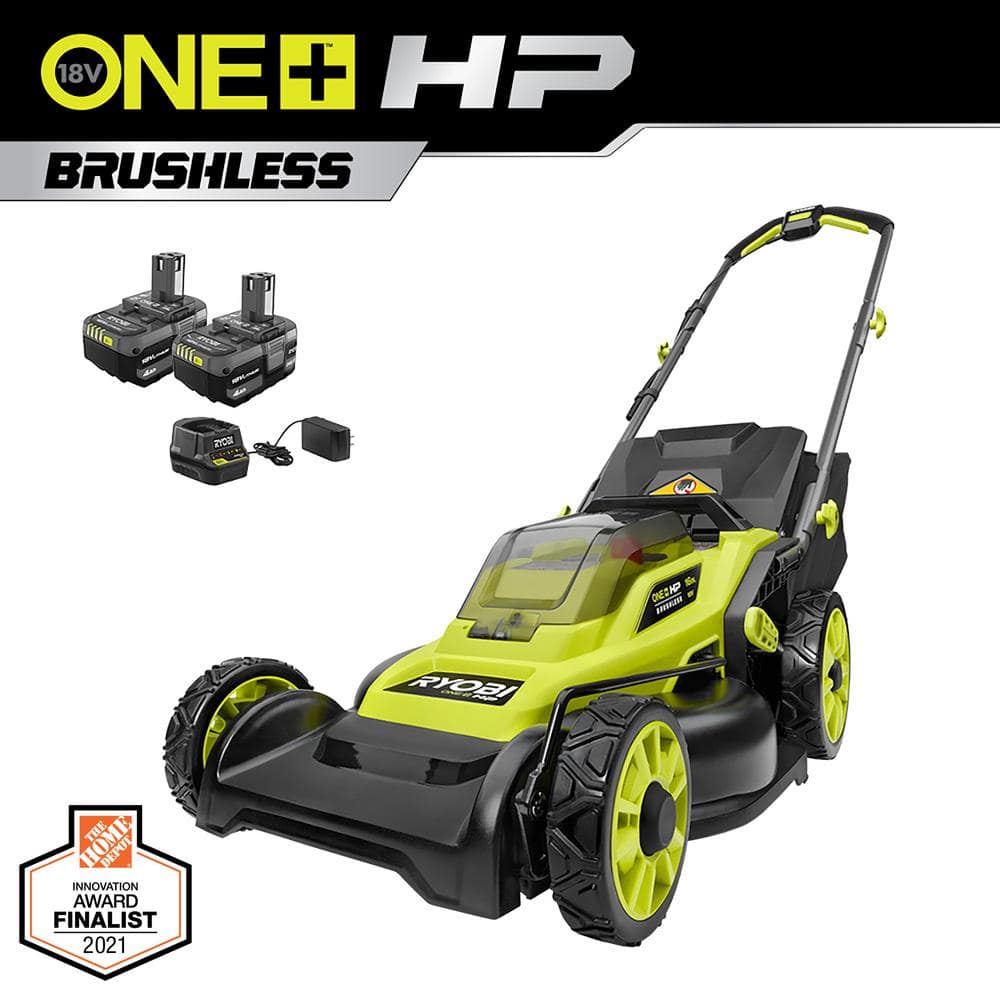 ONE  HP 18V Brushless 16 in. Cordless Battery Walk Behind Push Lawn Mower with (2) 4.0 Ah Batteries and (1) Charger P1190